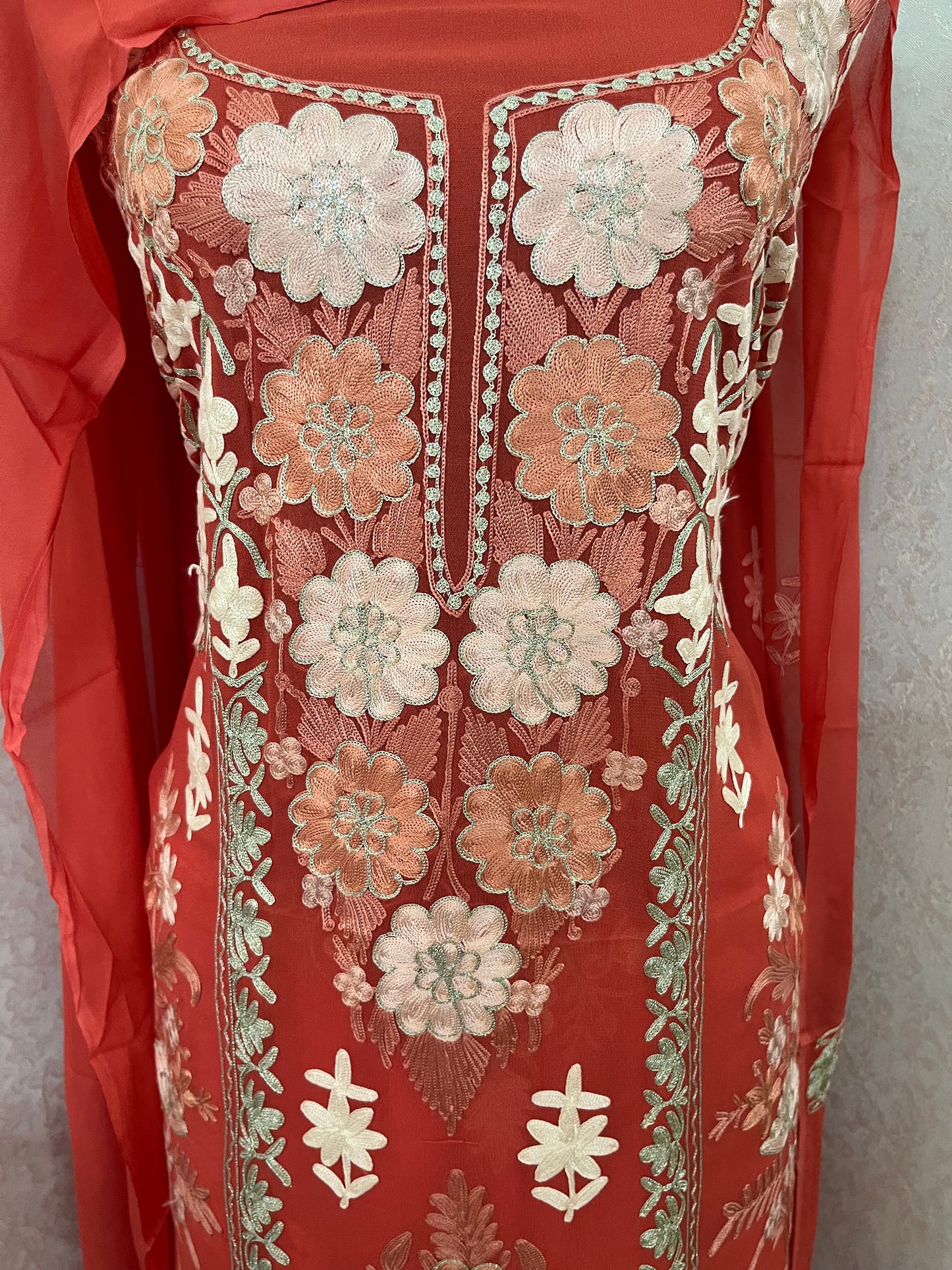 Soft Peach Pure Georgette 3 Pc Heavy Kashmiri Suit
