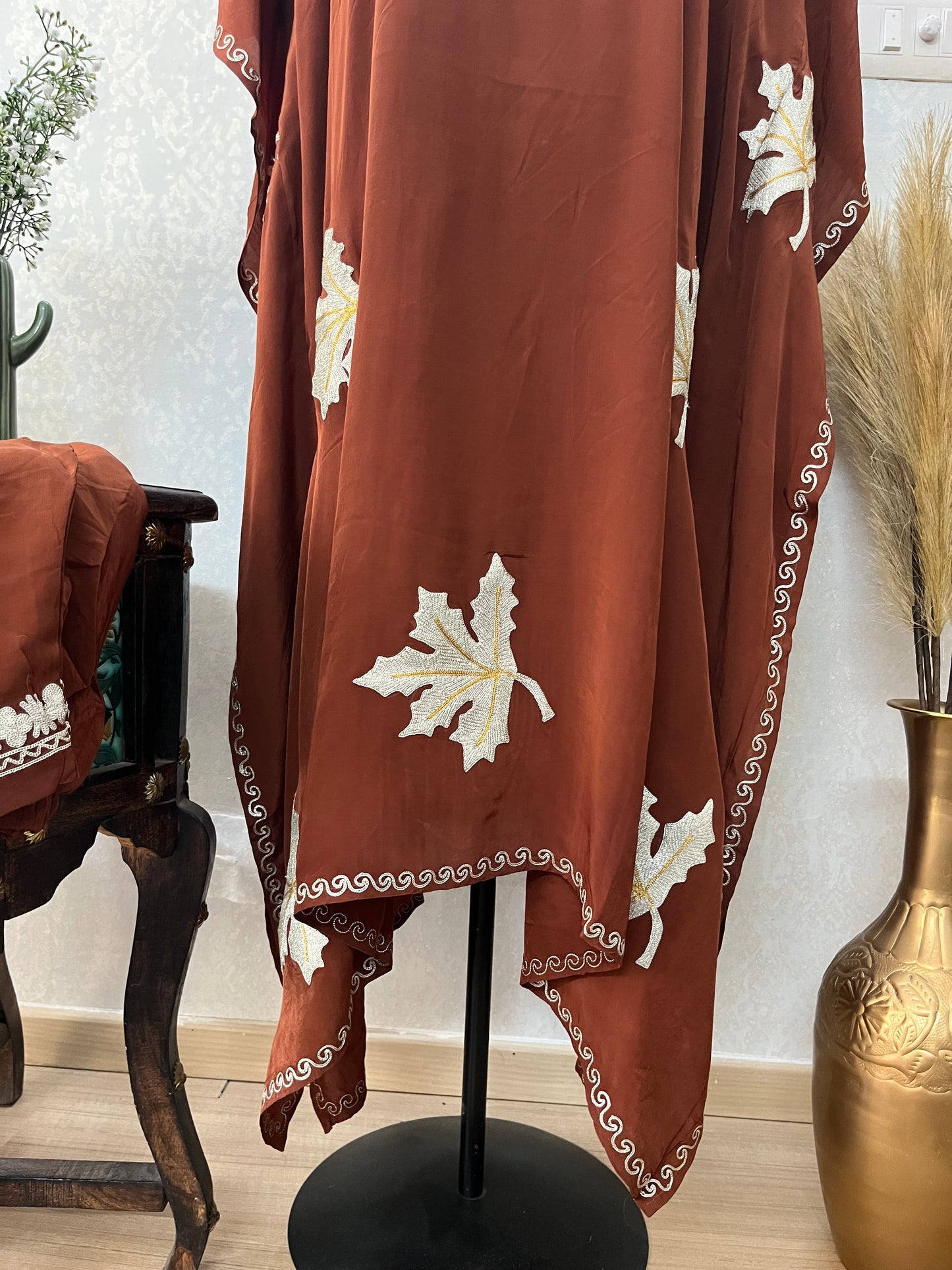 Brown Crape Kashmiri Kaftan Set