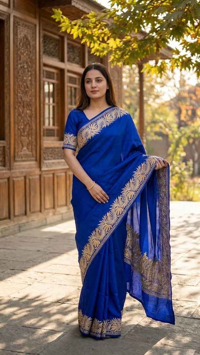 Royal Blue Pure Vetson Crape Kashmiri Saree