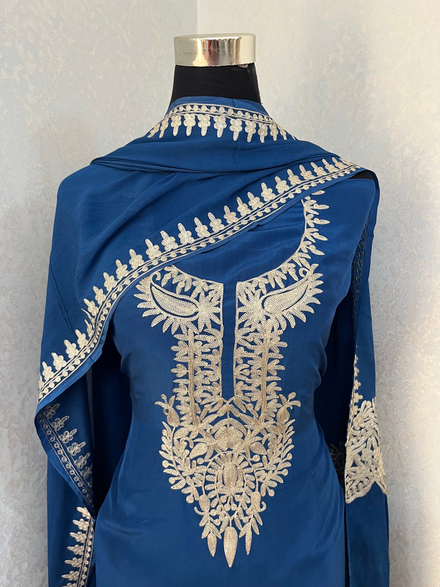 Electric Blue Crape Kashmiri Suit