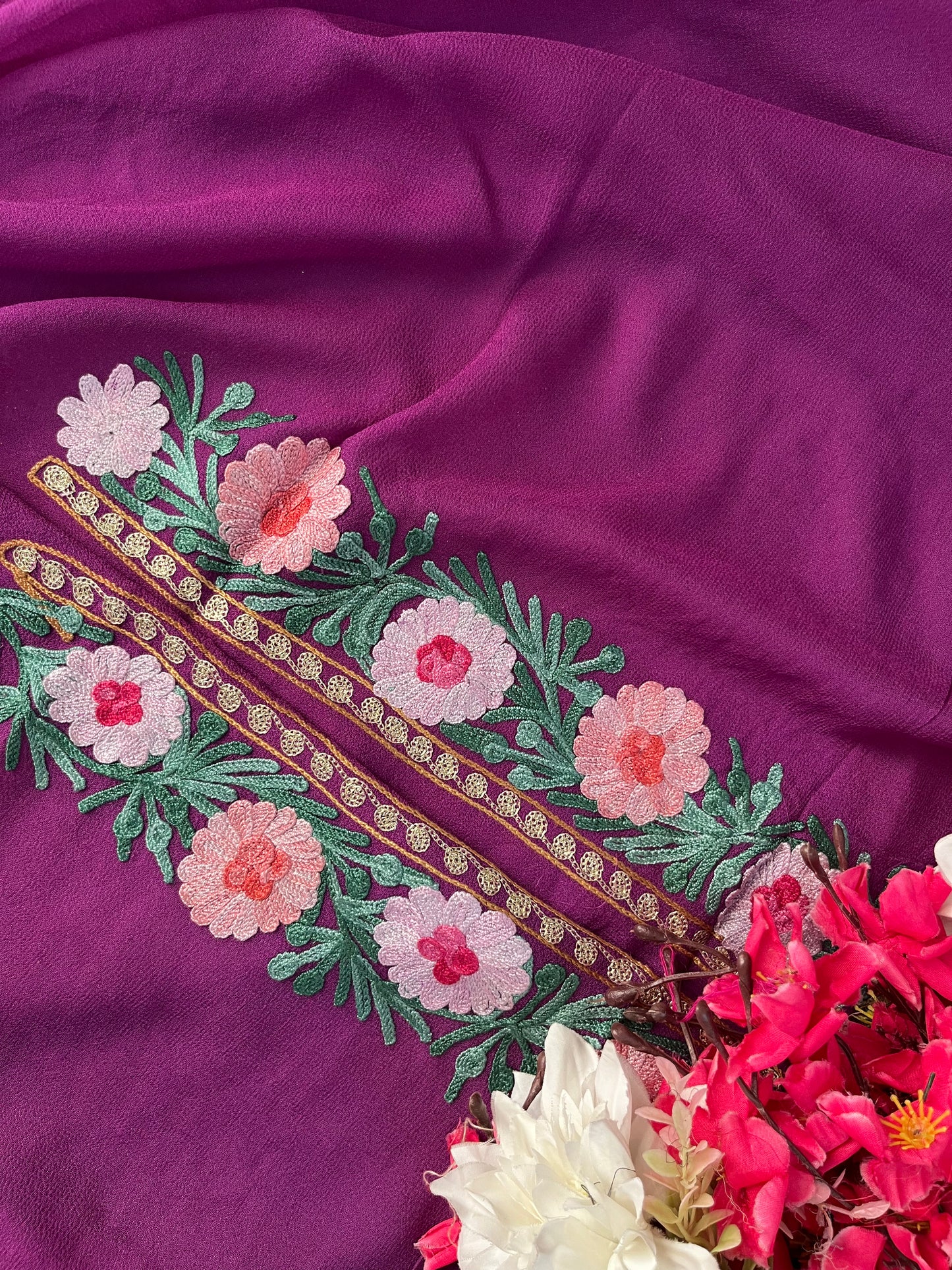 Wine Pure Georgette Aari Embroidered Suit