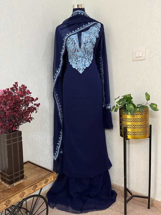 Navy Blue Georgette  3 Pc Aari Embroidered Suit Set