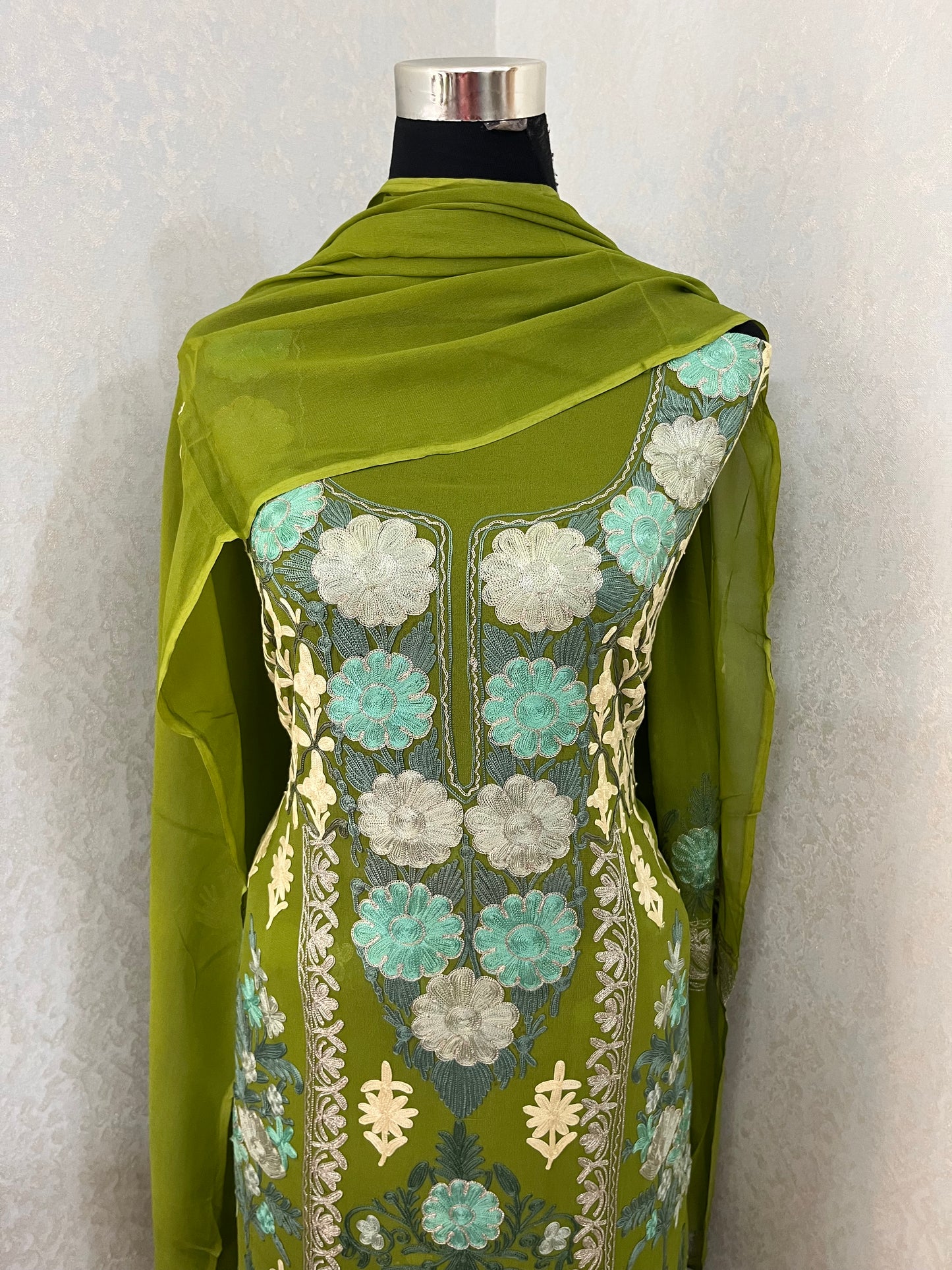 Henna Green Pure Georgette 3 Pc Heavy Kashmiri Suit