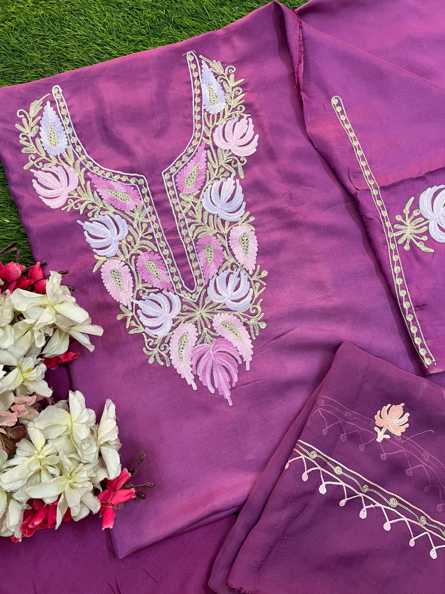 Soft Purple Opada Silk Kashmiri Suit