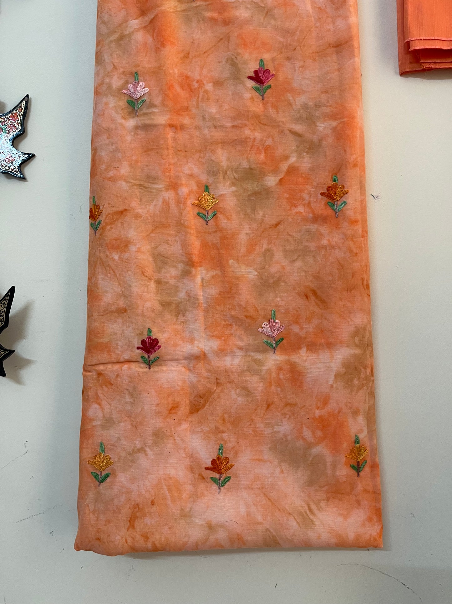 Tangerine Orange Self Work Satin Cotton Unstitched Co-ord Set
