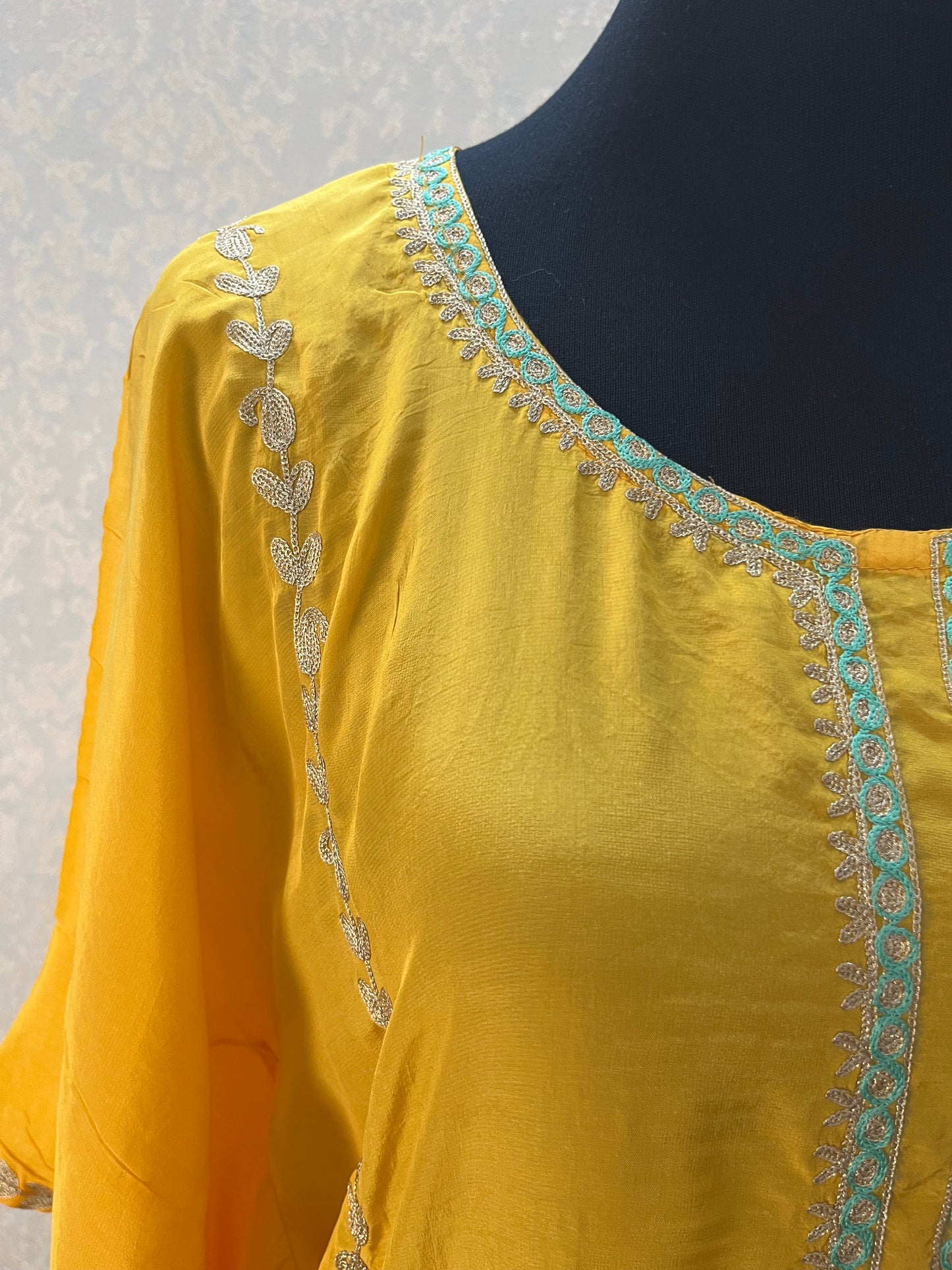 Yellow Crape Front Back Kashmiri Kaftan Set