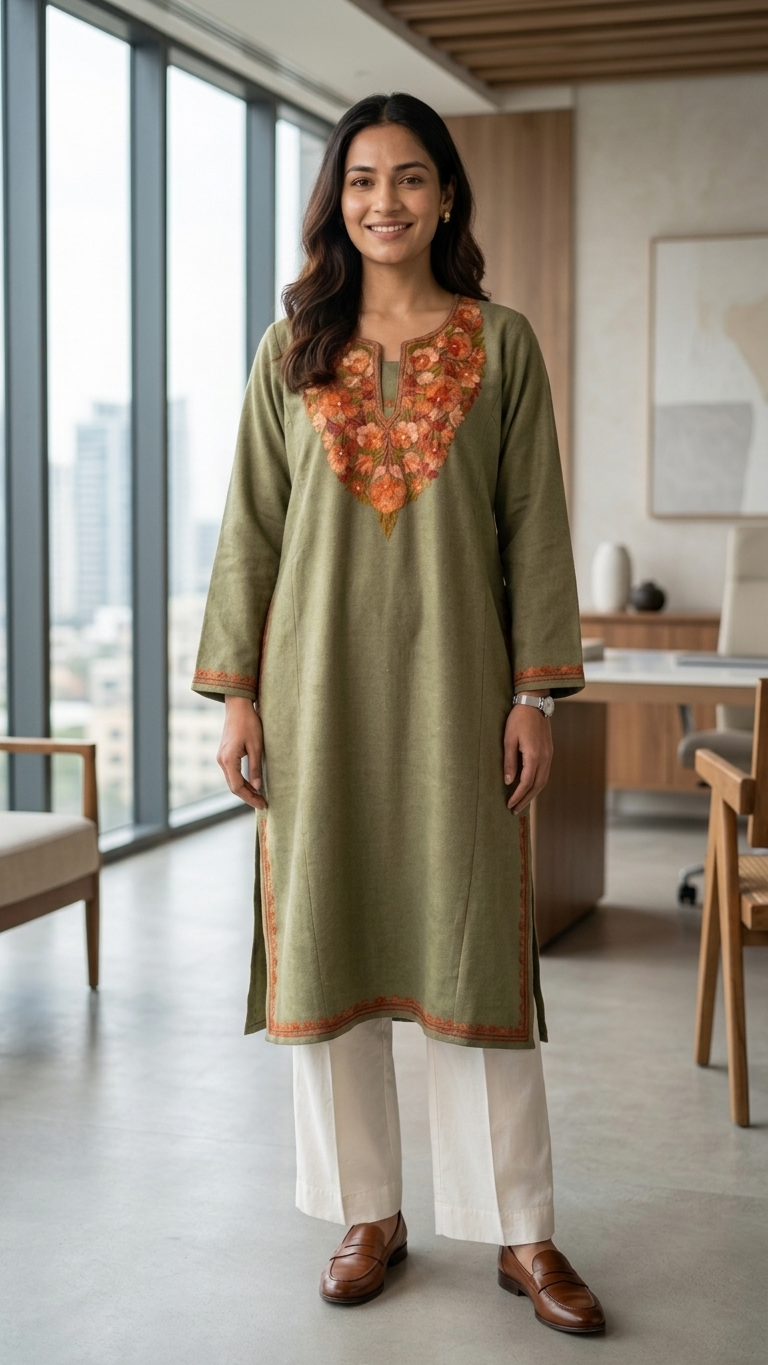 Beige Aari Embroidered Wool Pheran