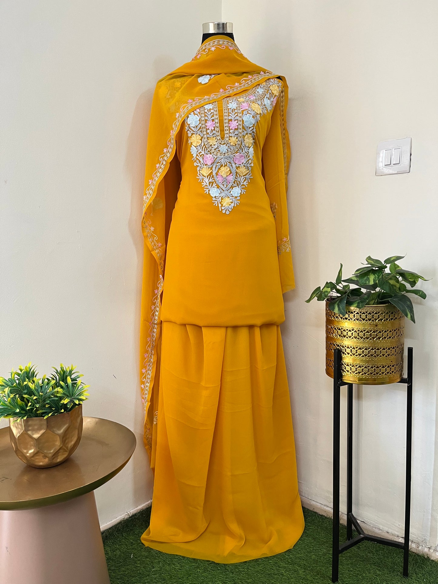 Mustard Georgette 3 Pc Aari Embroidered Suit Set