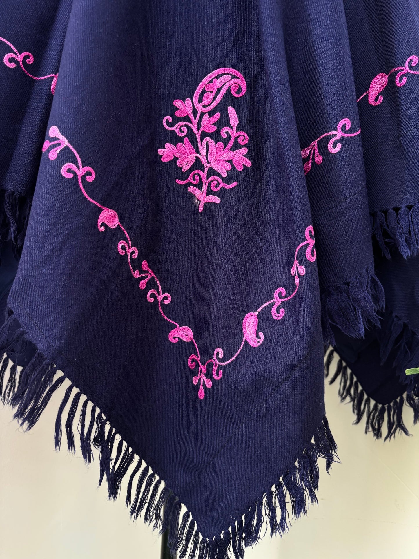 Navy Blue Aari Embroidered Wool Poncho