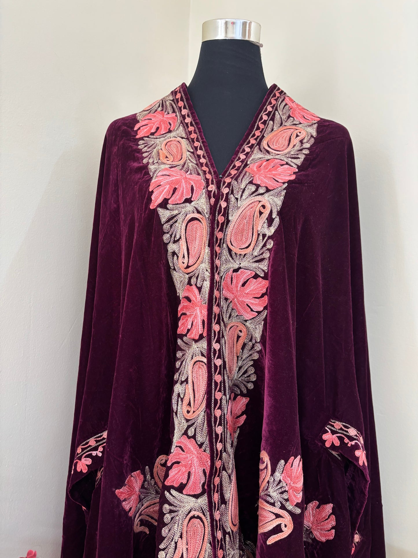 Wine Aari Embroidered Velvet Cape