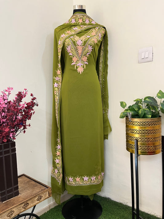 Henna Green Georgette 3 Pc Kashmiri Suit