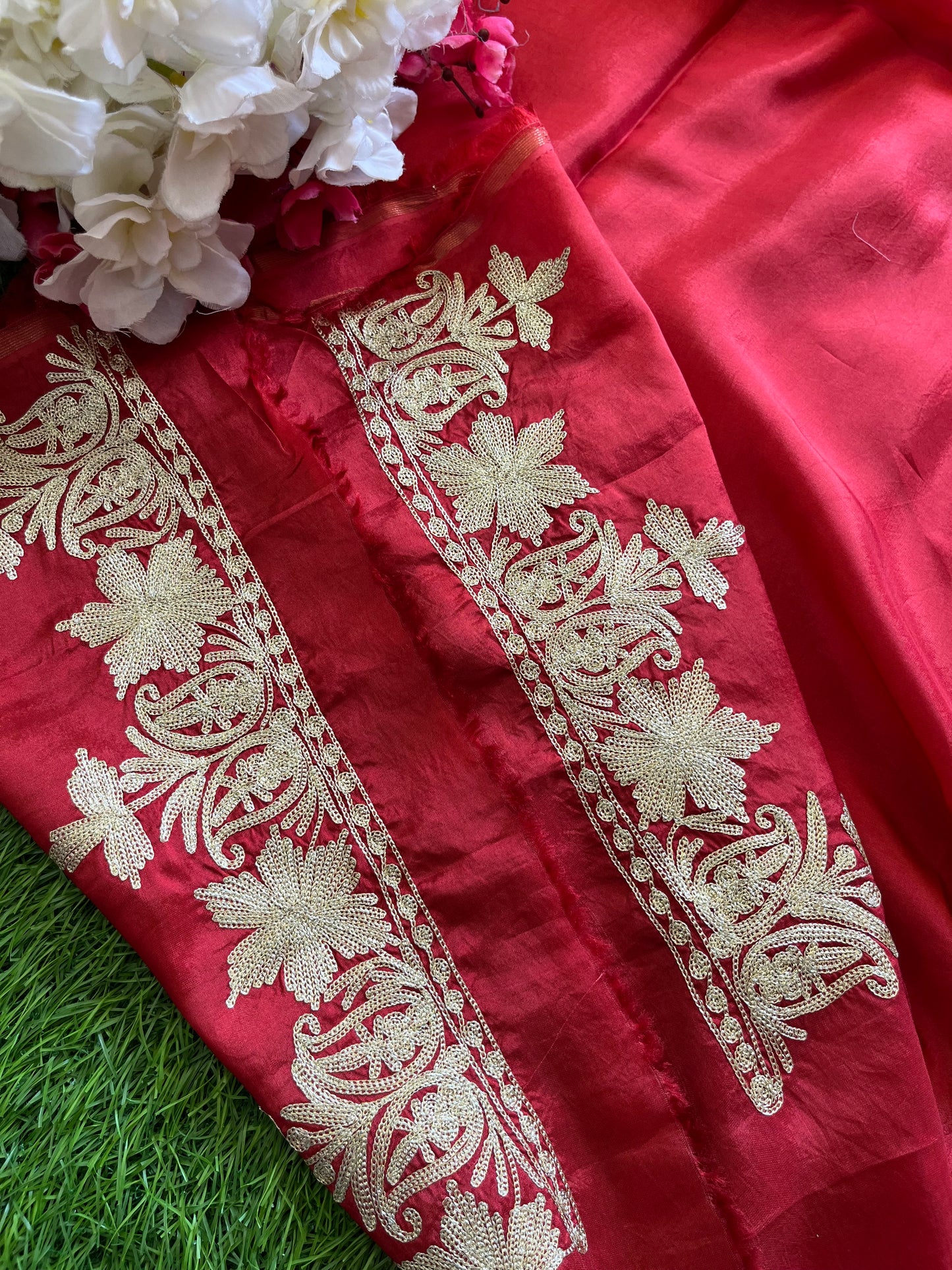 Red Silk Tilla Embroidered Suit material