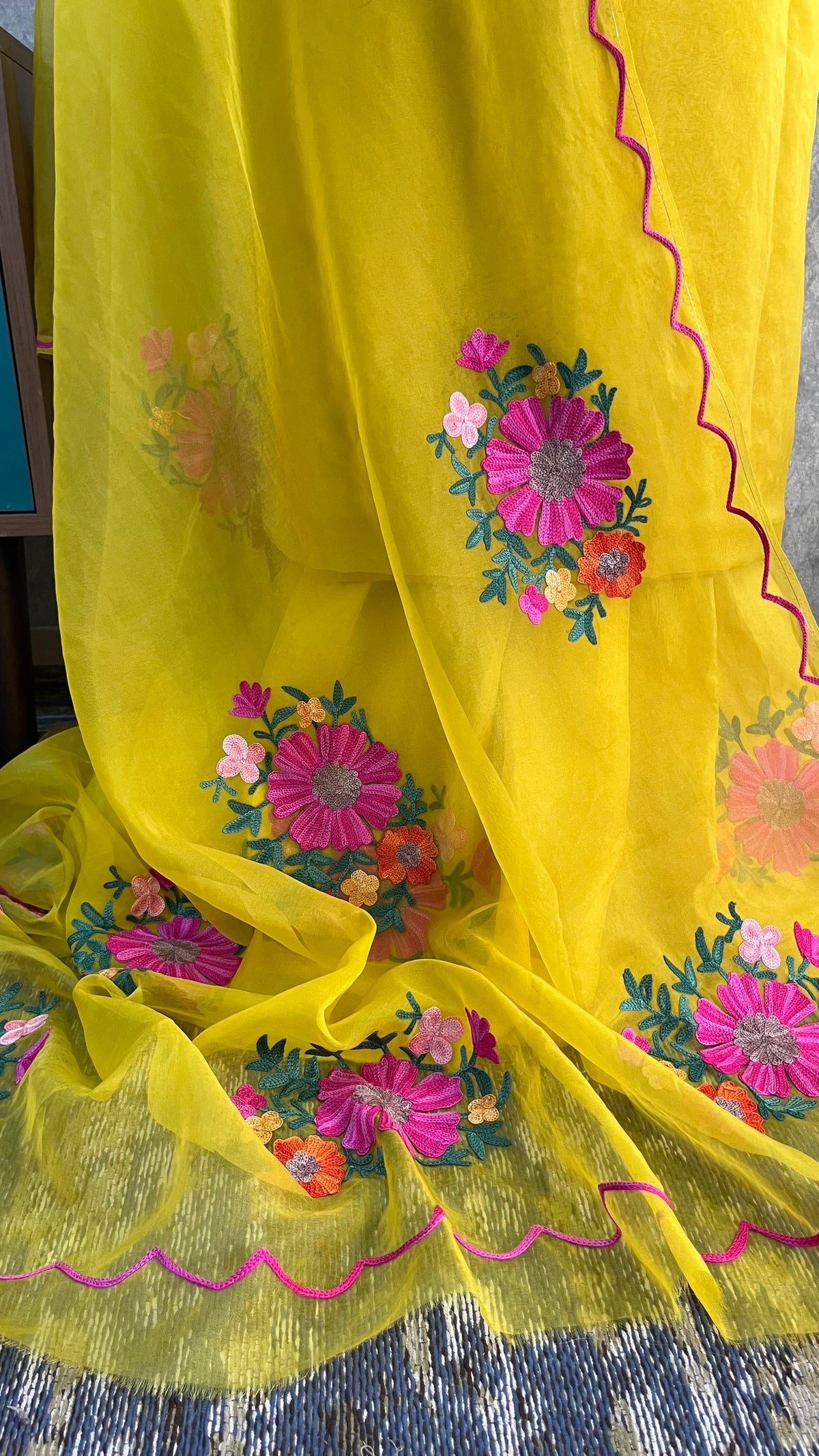 Yellow Soft Tissue Kashmiri Suit (On Order)