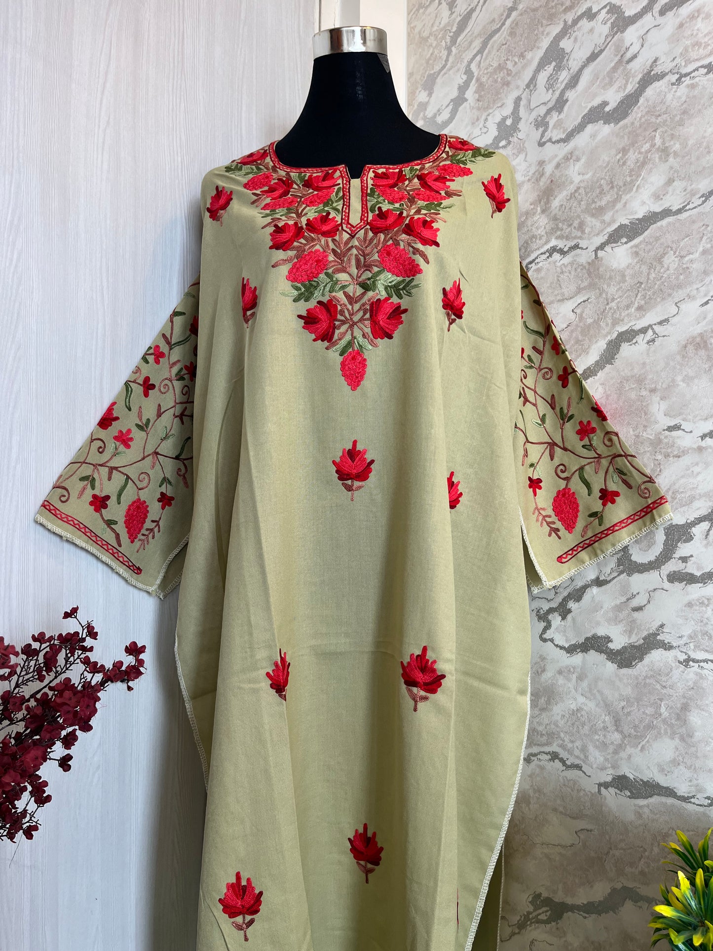 ‘Bageecha’ Pista Green Cotton Semi Stitched Cream Aari Work Kurti