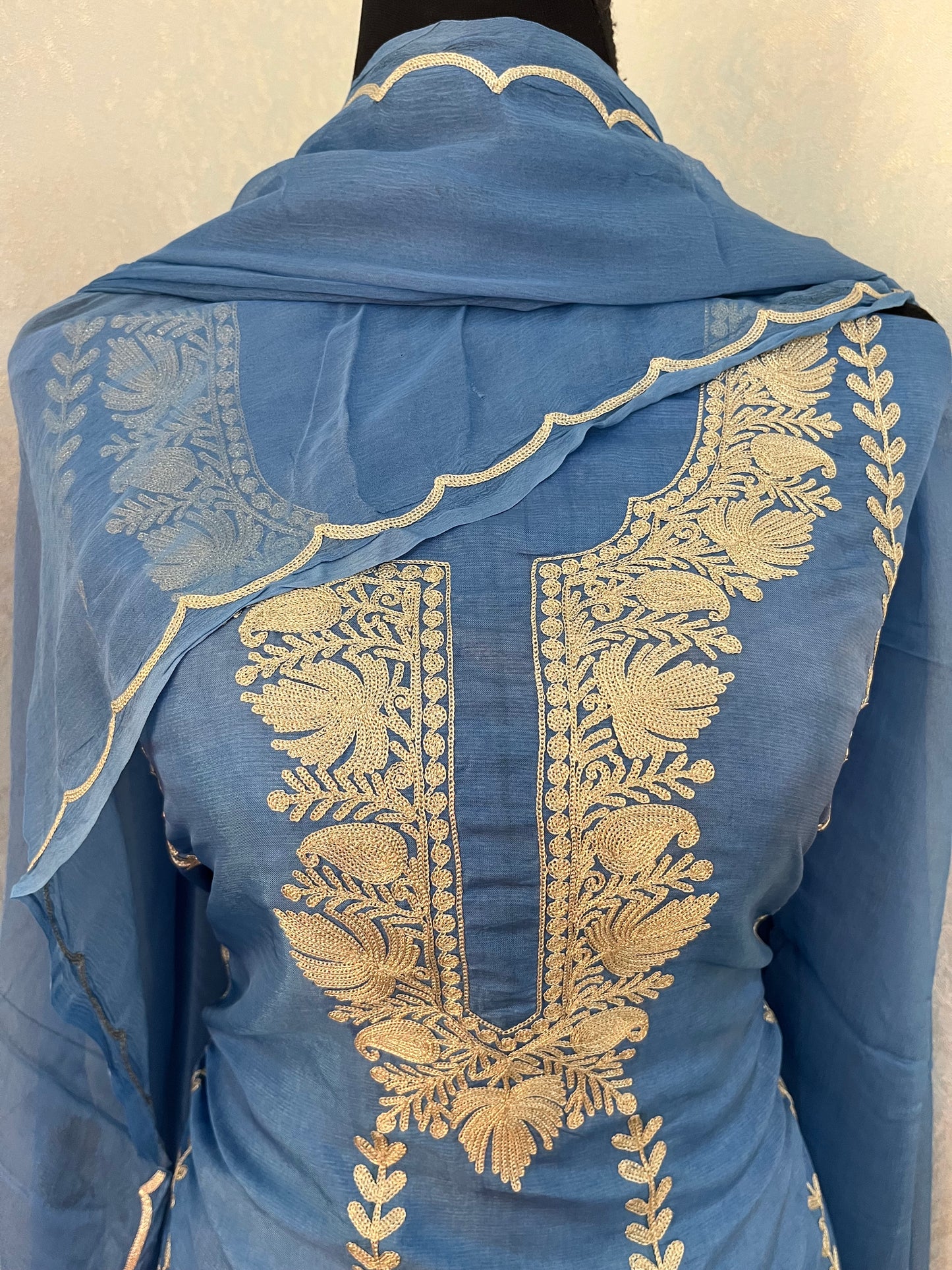 Soft Blue Sanam’ Silk Tilla Kashmiri Suit