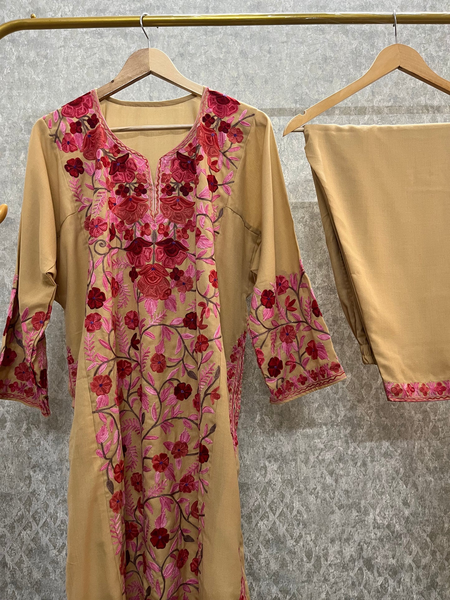 Beige Cotton Front Jaal Pheran Set