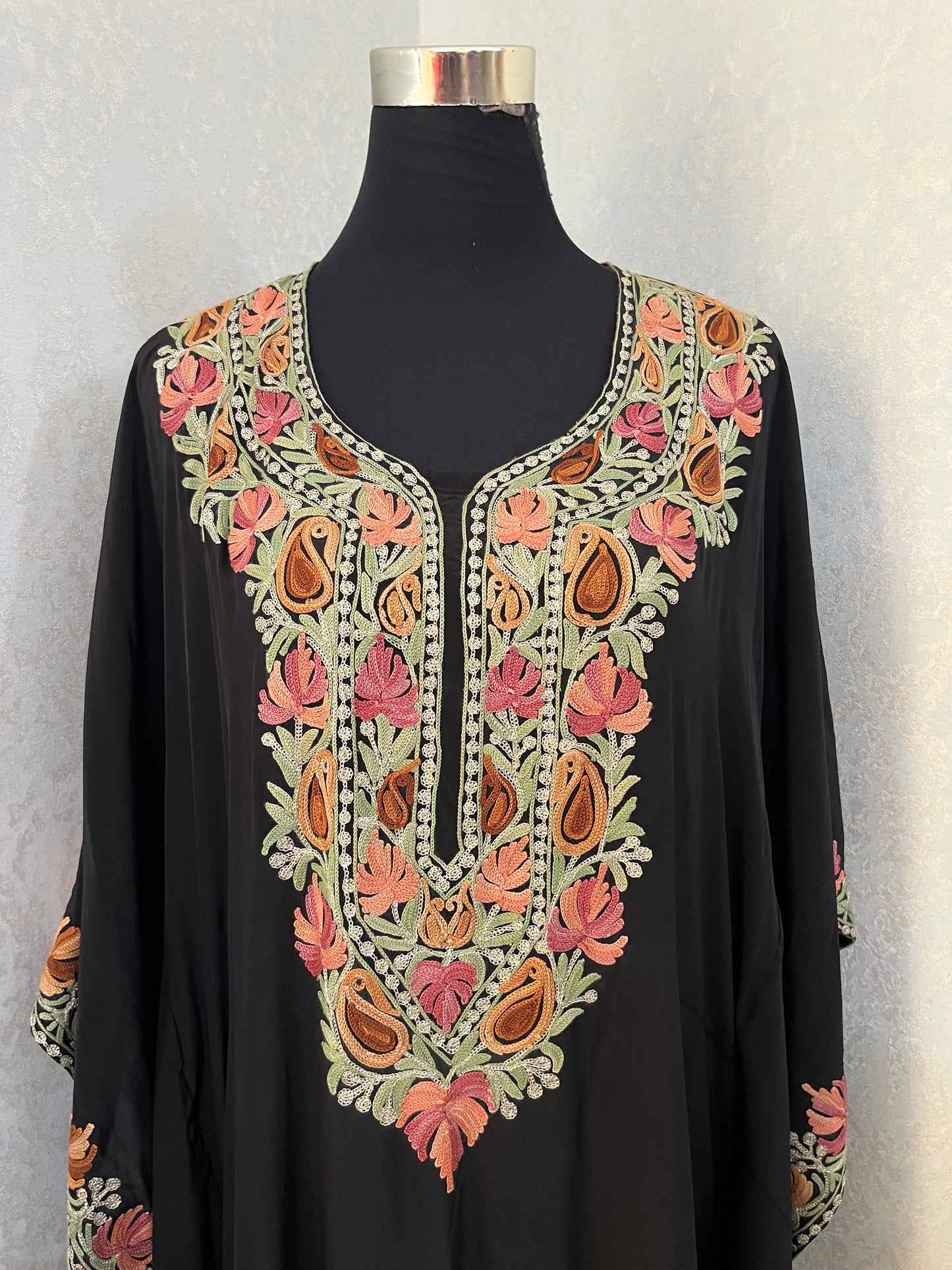 Black Pure Crape Kashmiri Kaftan