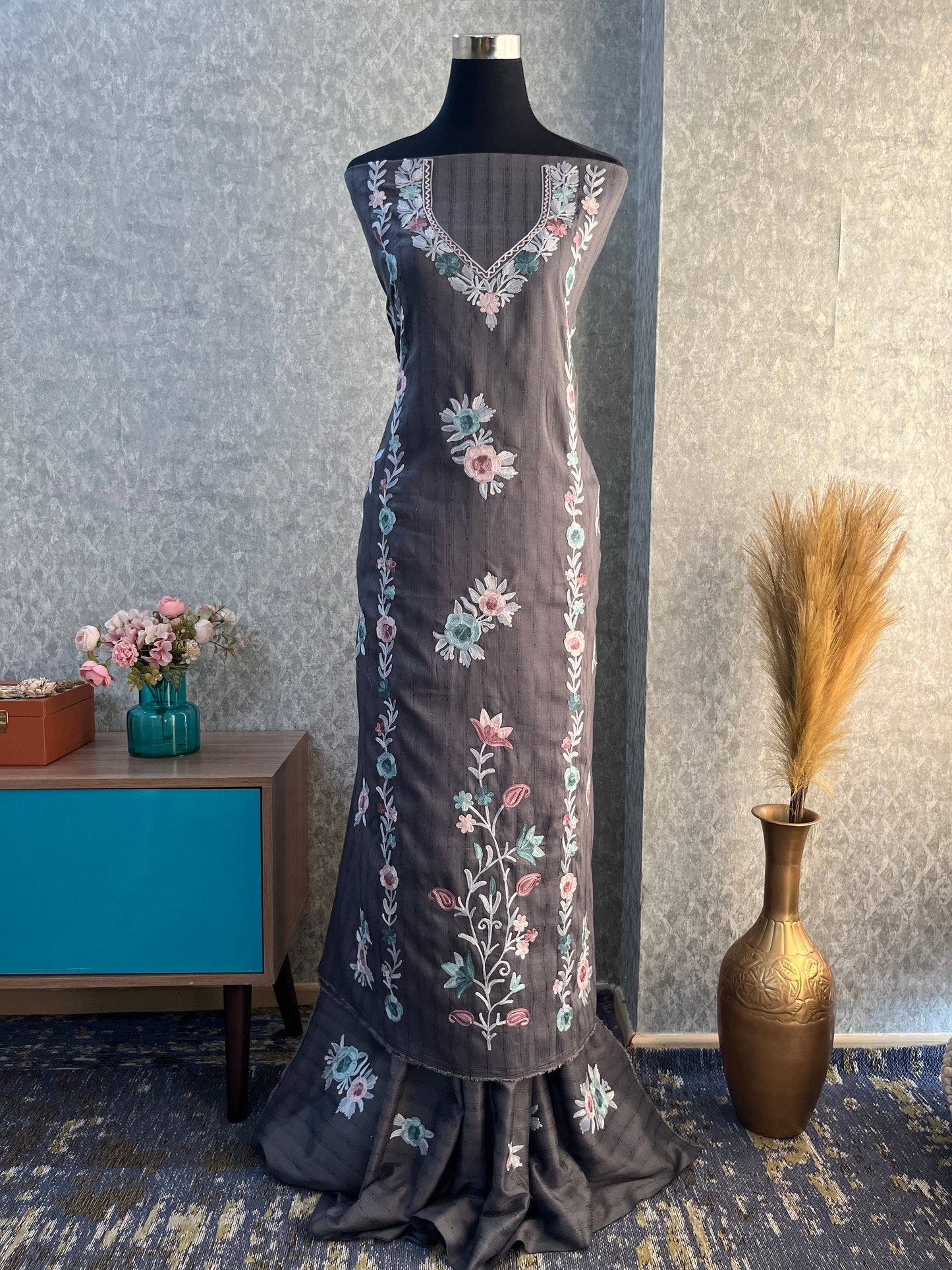 Deep Grey Muslin Cotton Striped Sequin Pattern Unstitched Co-ord Set