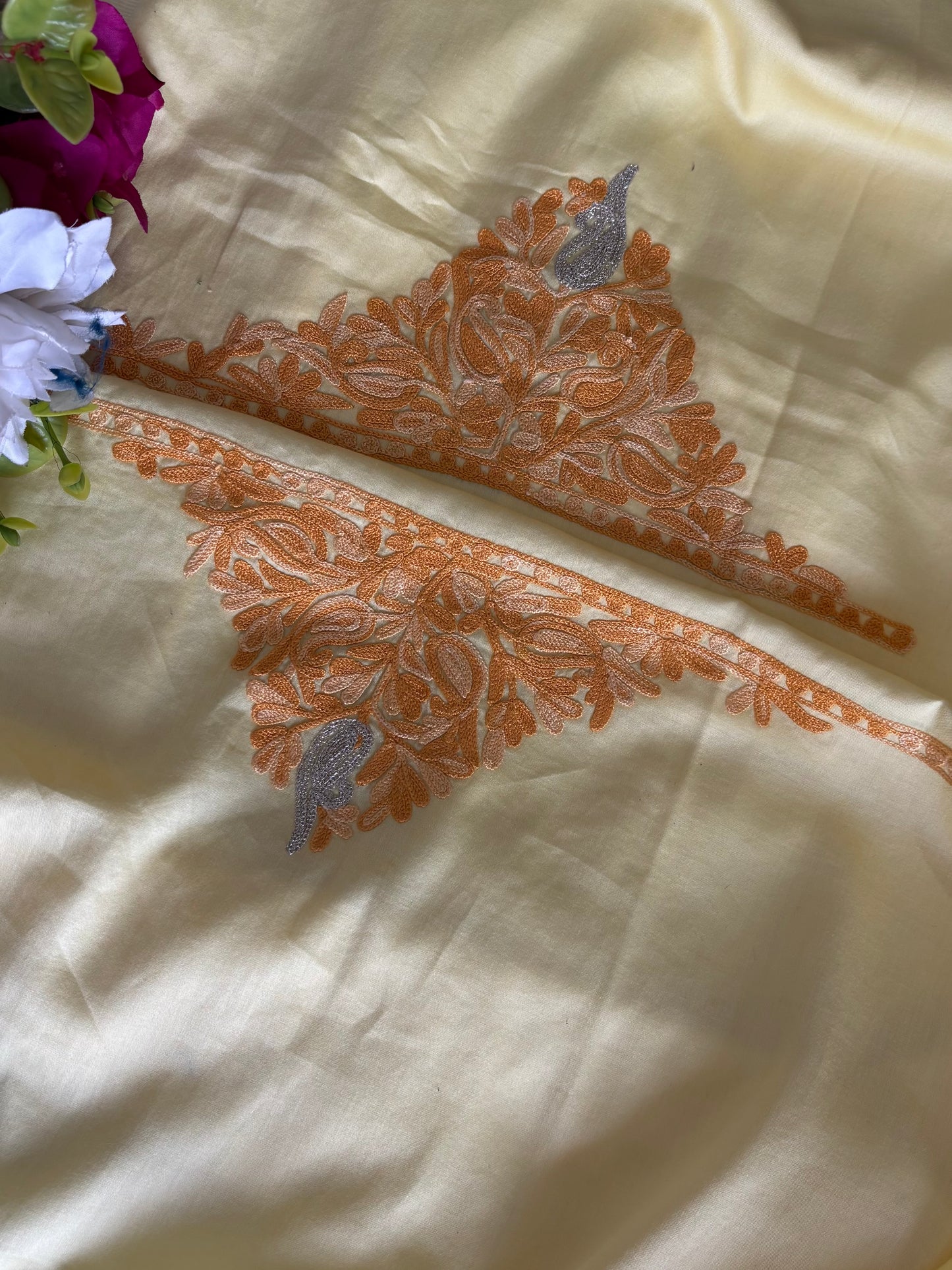 Lemon Yellow Satin Cotton Kashmiri Suit