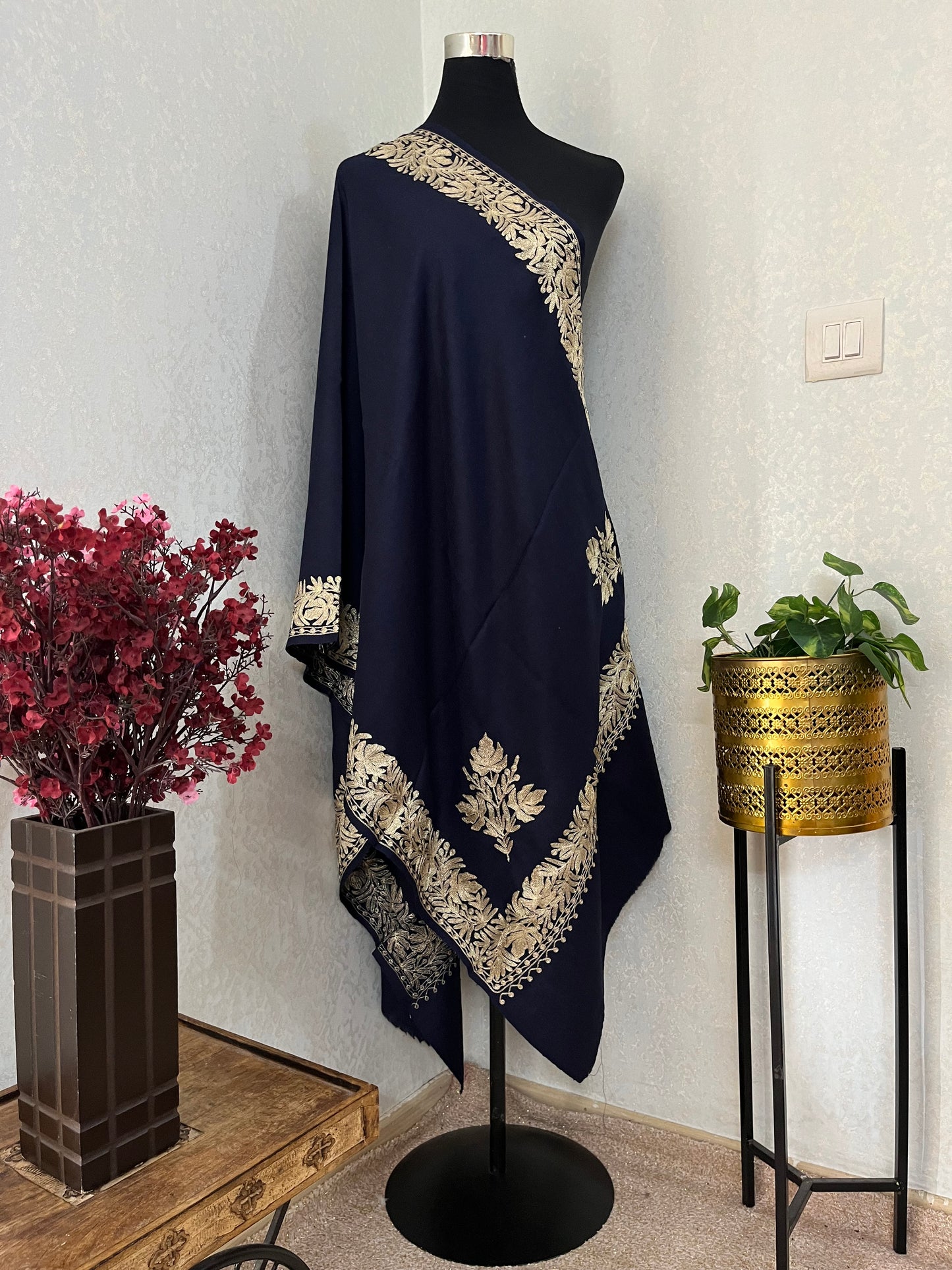 Navy Blue Semi Pashmina Tilla Embroidered stole