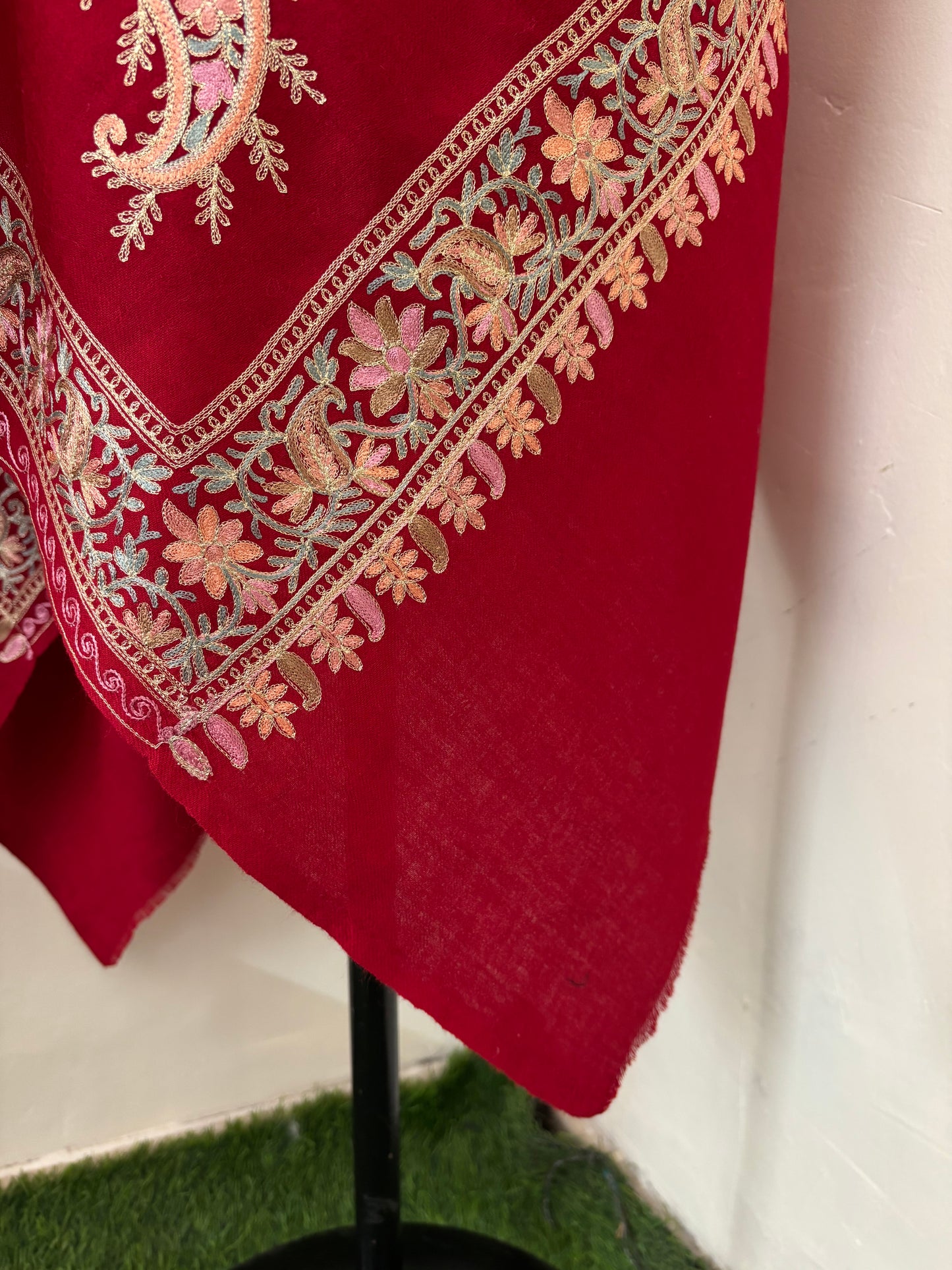 Red Silk Thread Ambi Aangan Embroidered Fine Semi Pashmina stole