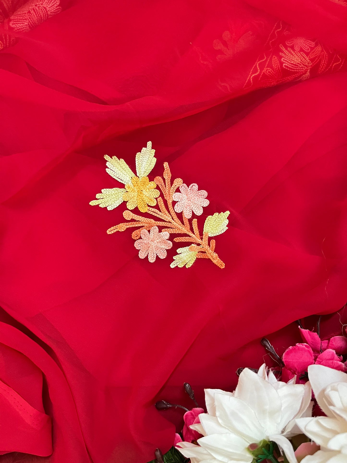 Red Georgette 3 Pc Aari Embroidered Suit Set