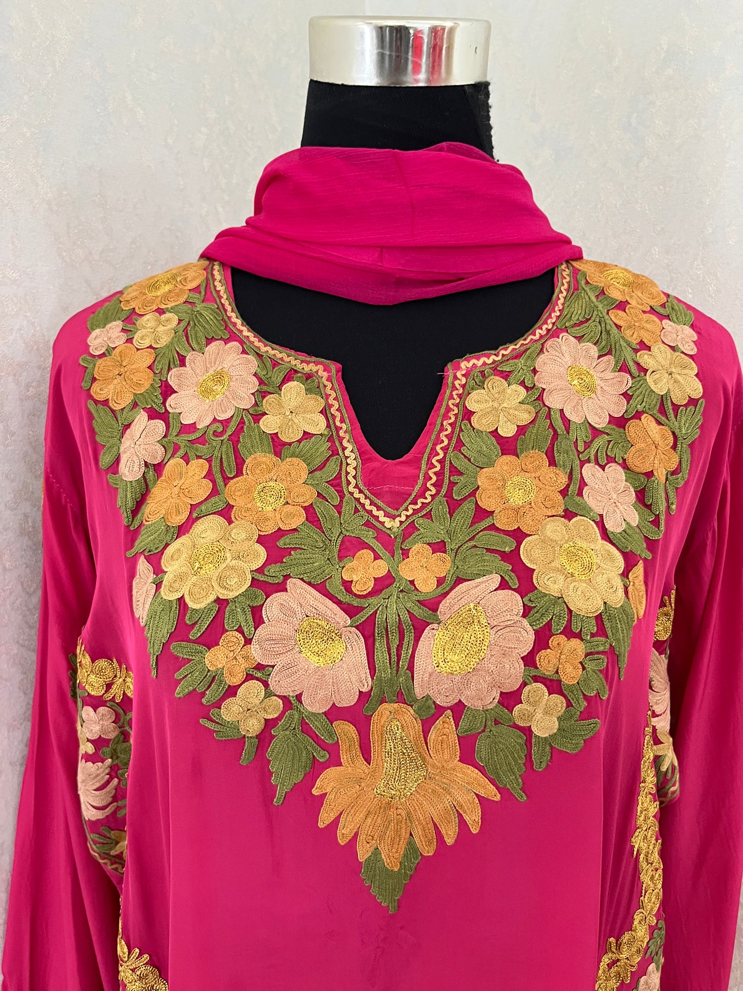 Hot Pink Stitched Crape Pheran Set with dupatta (44)