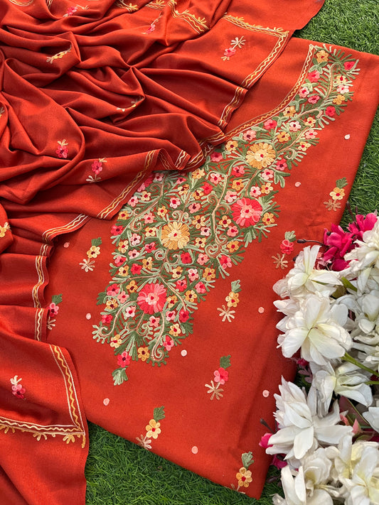 Rust Orange Woollen Aari Embroidered 3pc suit