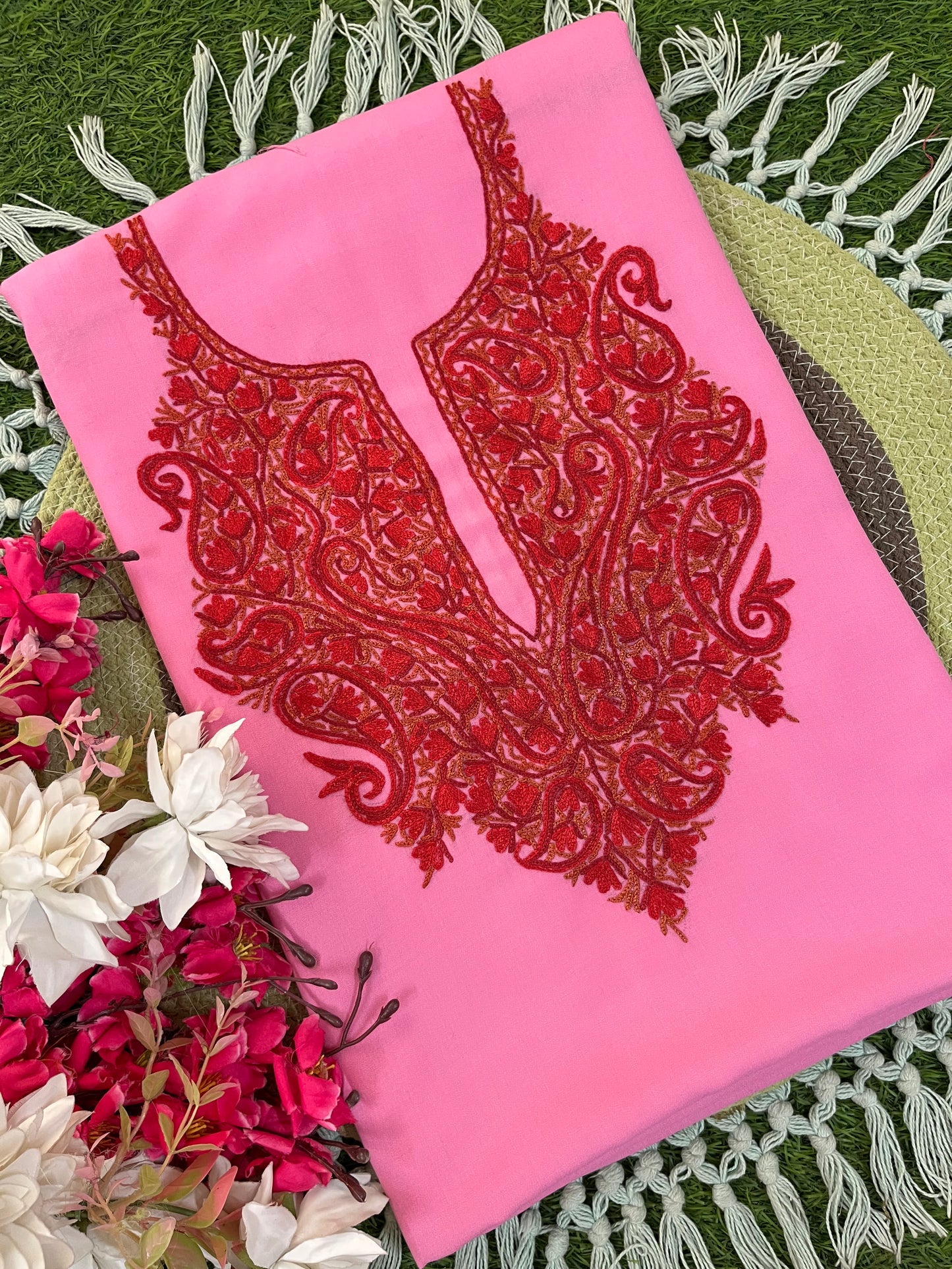 Pink Cotton Two Piece Suit (Hand Embroidered)