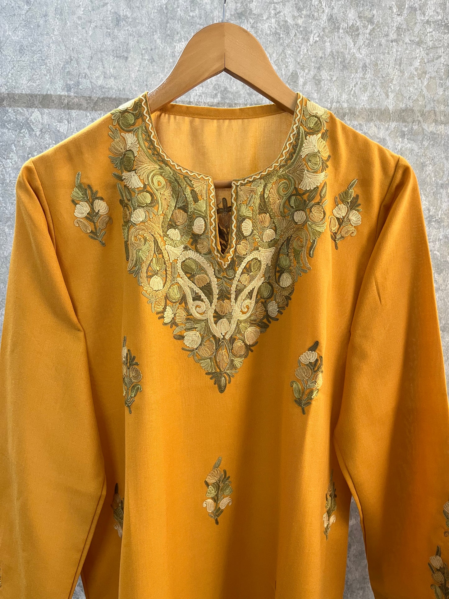 Golden Yellow Cotton Aari Work Kurti