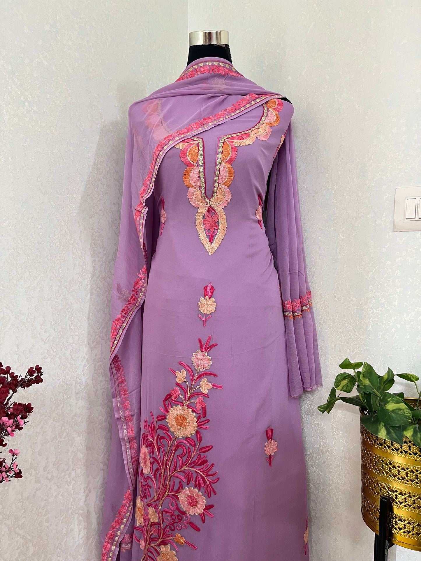 Panther Pink Pure Georgette Aari Embroidered Suito