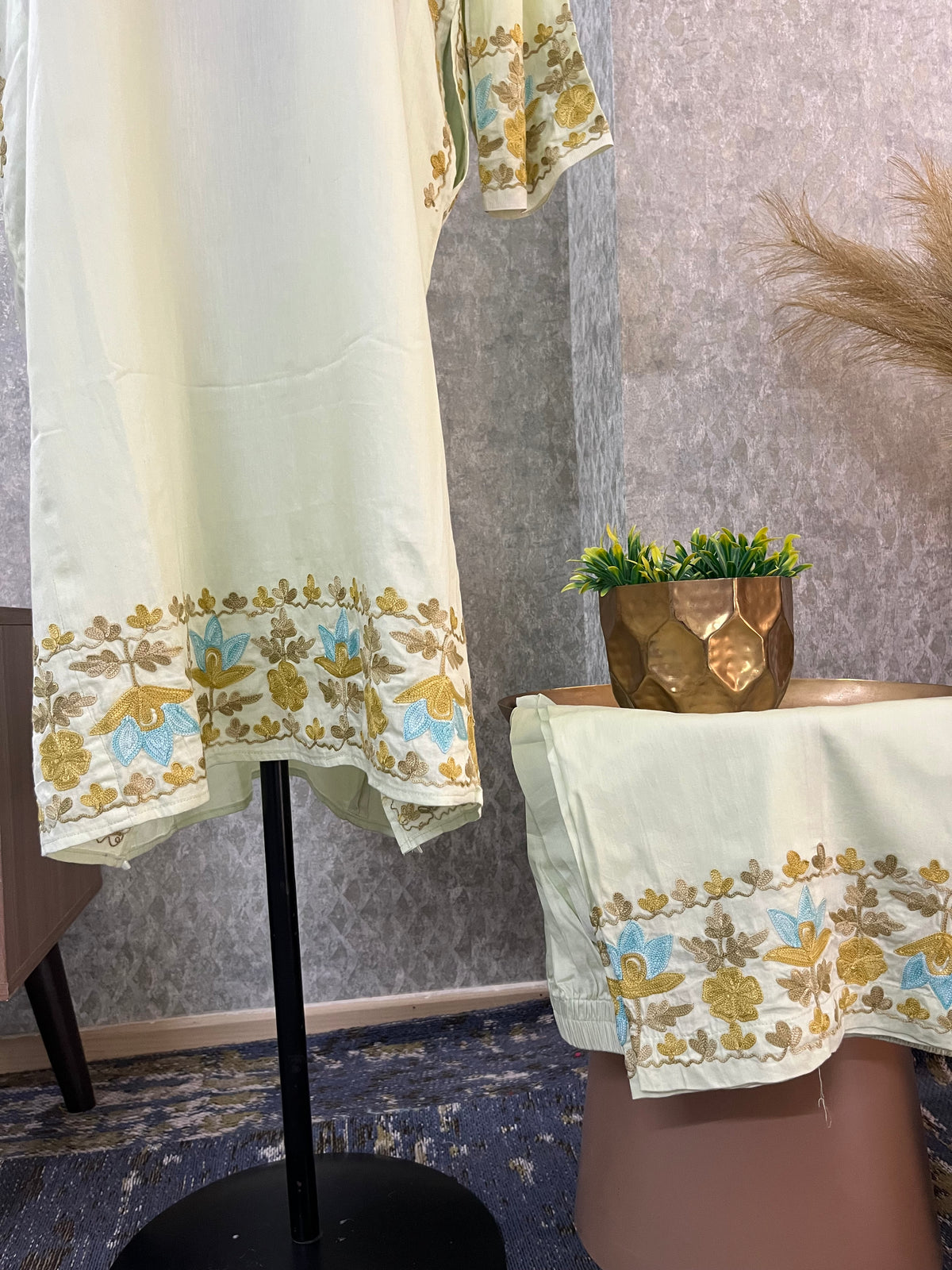 Sage Green Cotton Front Jaal Pheran Set  Size(44)