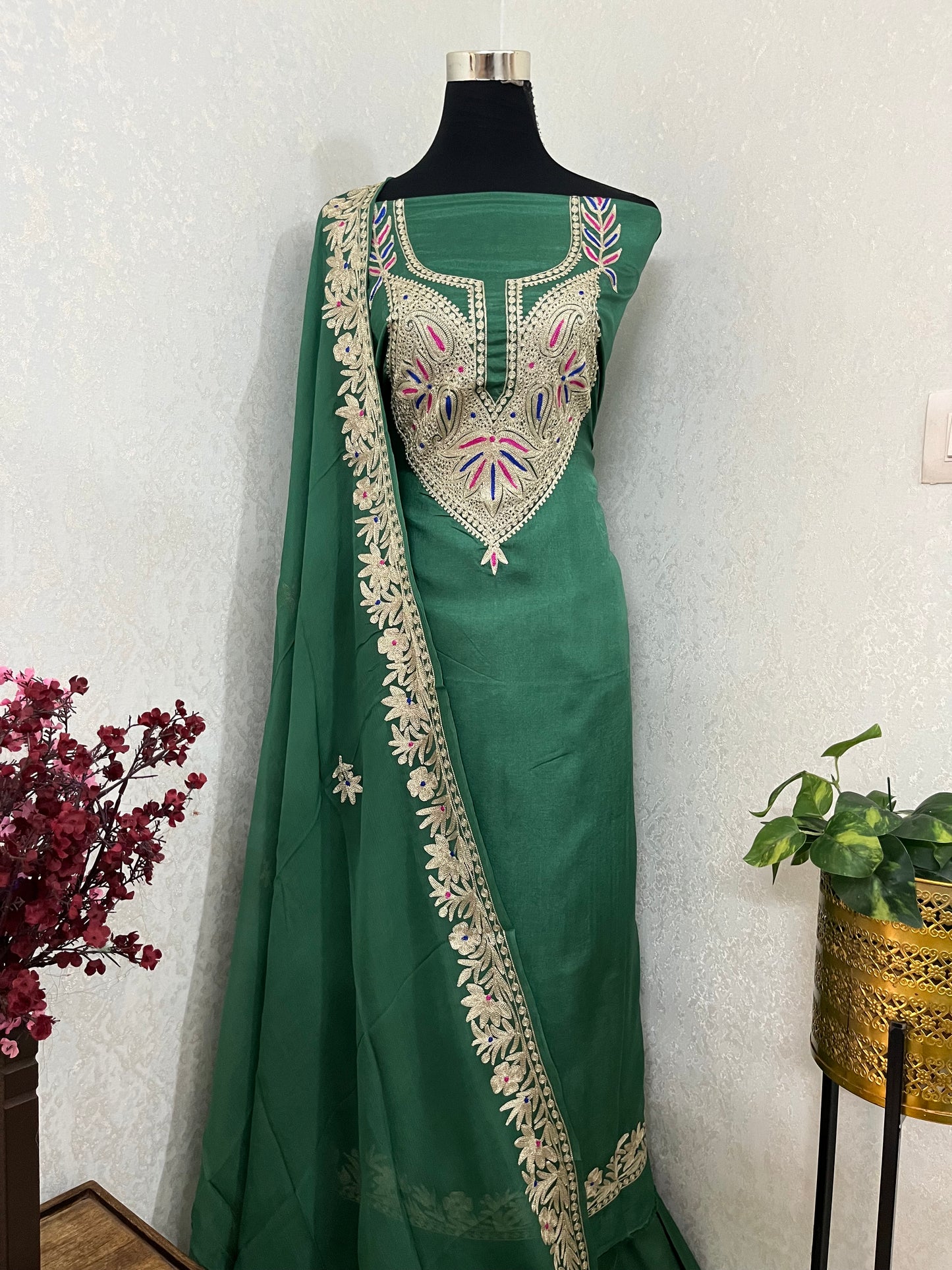 Soft Green Opada Silk Kashmiri Suits