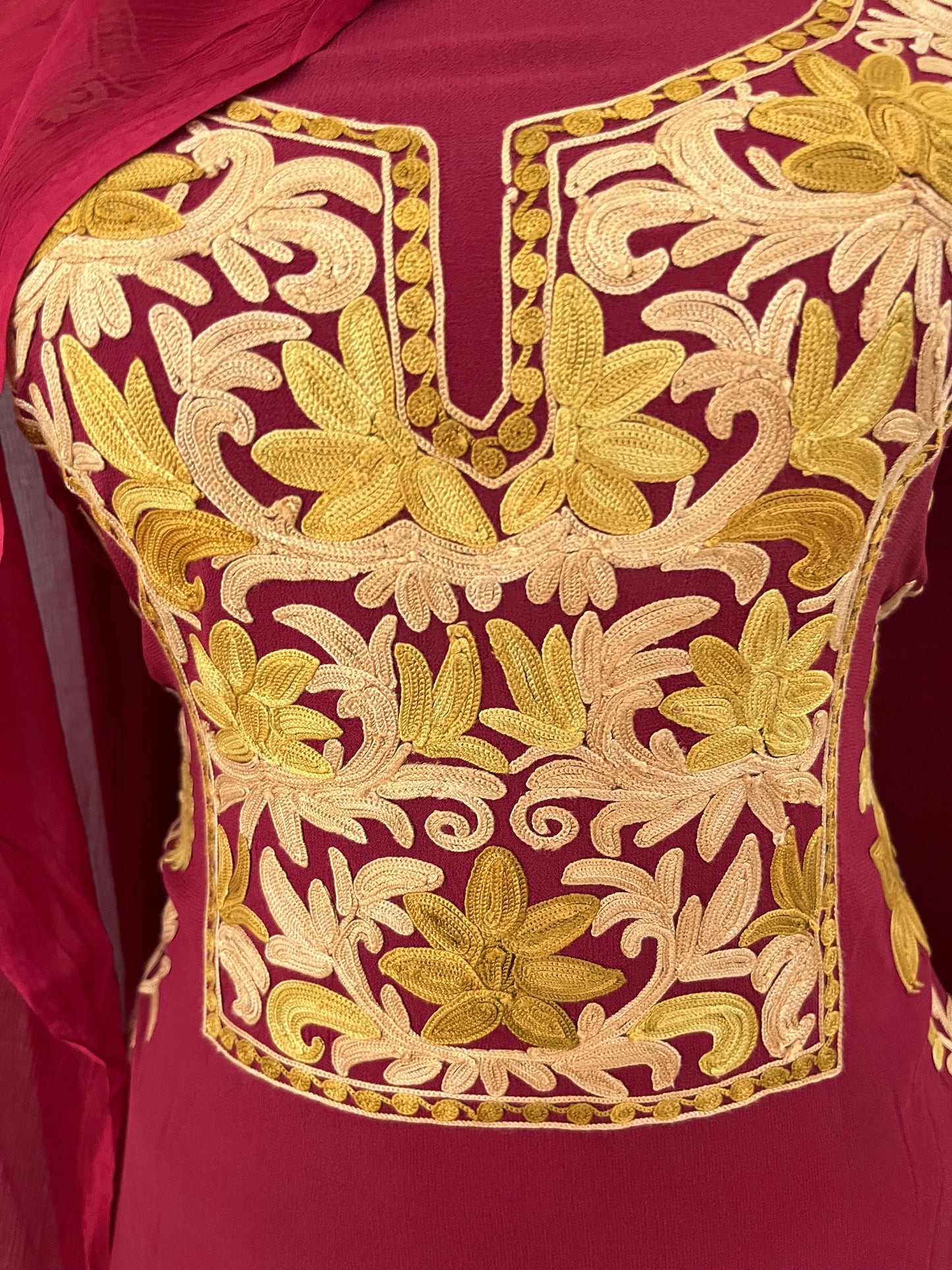 Maroon  Pure Georgette Aari Embroidered Suit