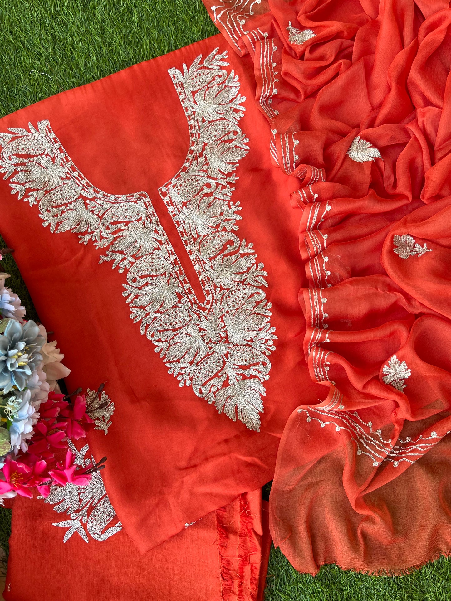 Soft Rust Silk Tilla Kashmiri Suit