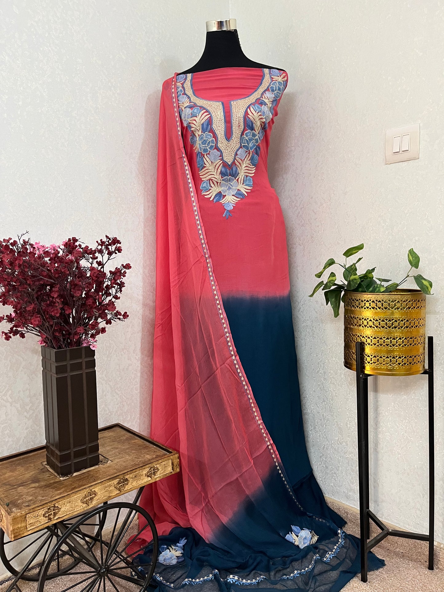 Carrot Pink Pure Georgette Double Shade Kashmiri Suit