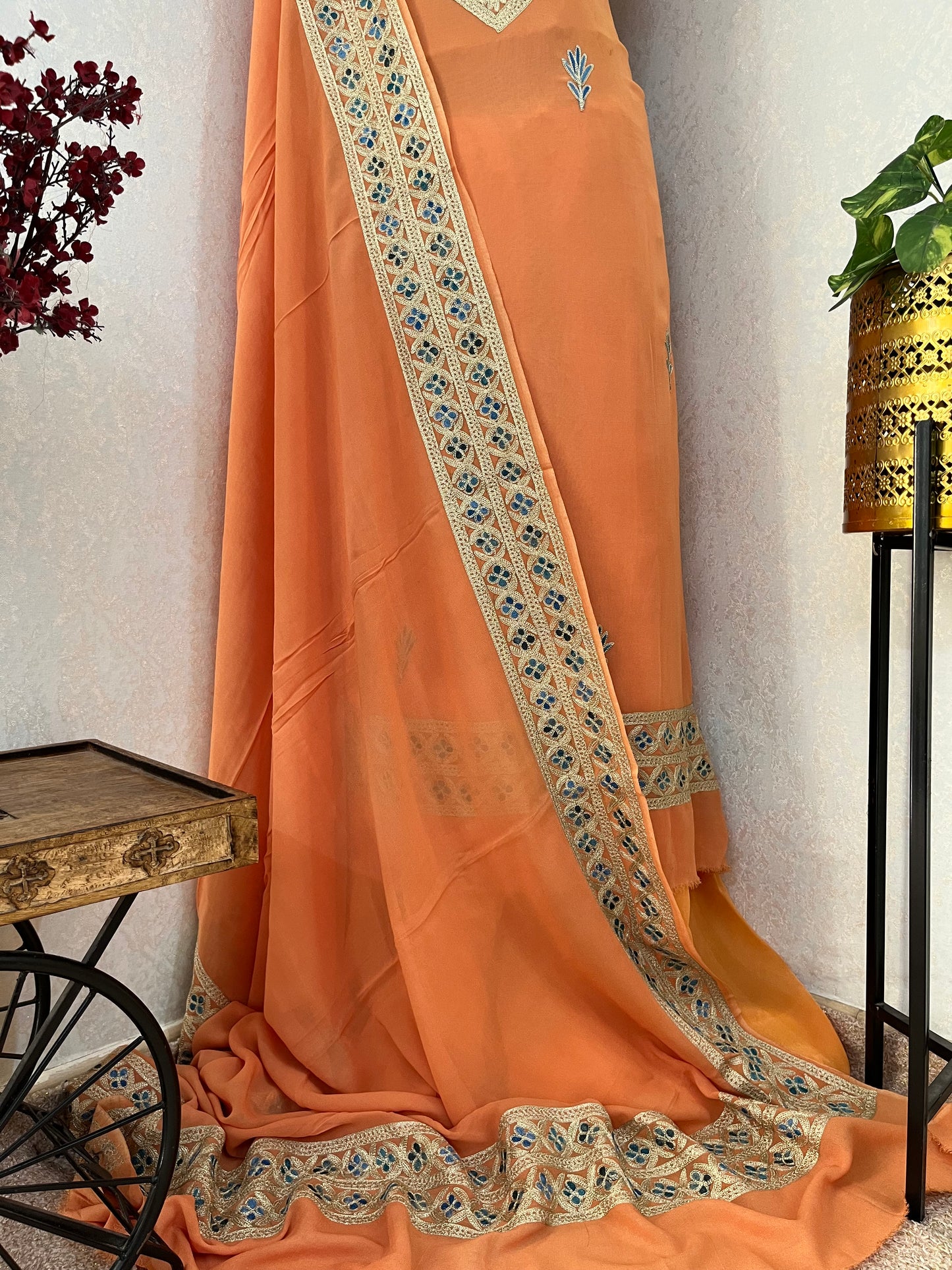 Peach Pure Georgette 3Pc Kashmiri Embroidered Suit