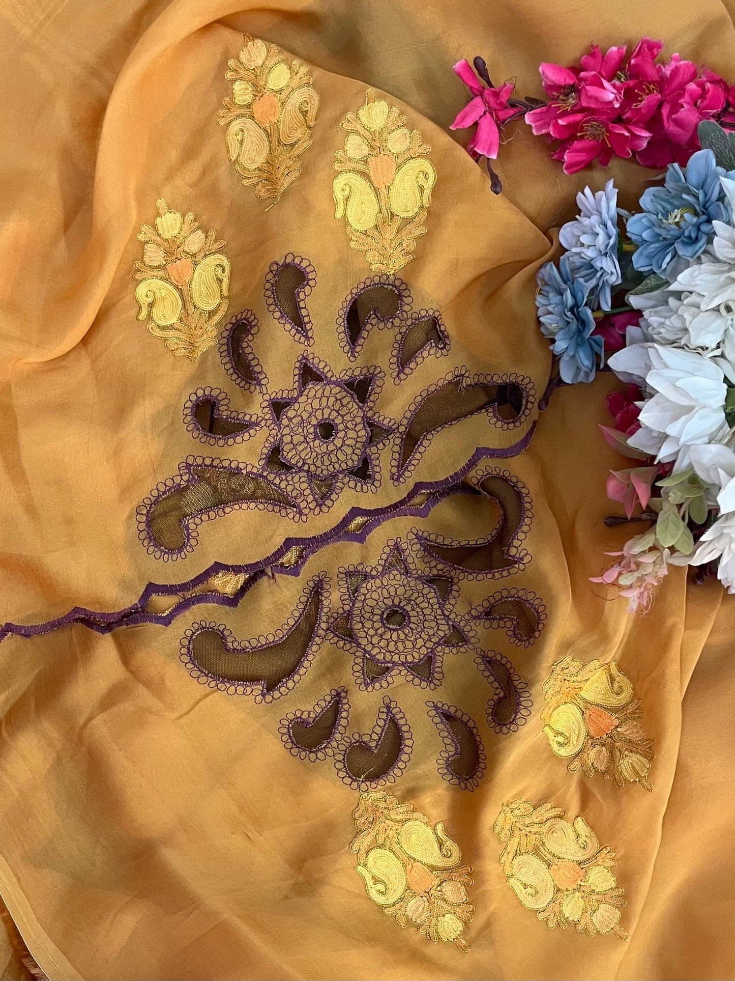 Mustard Yellow Pure Organza Cut Work Kashmiri Suit