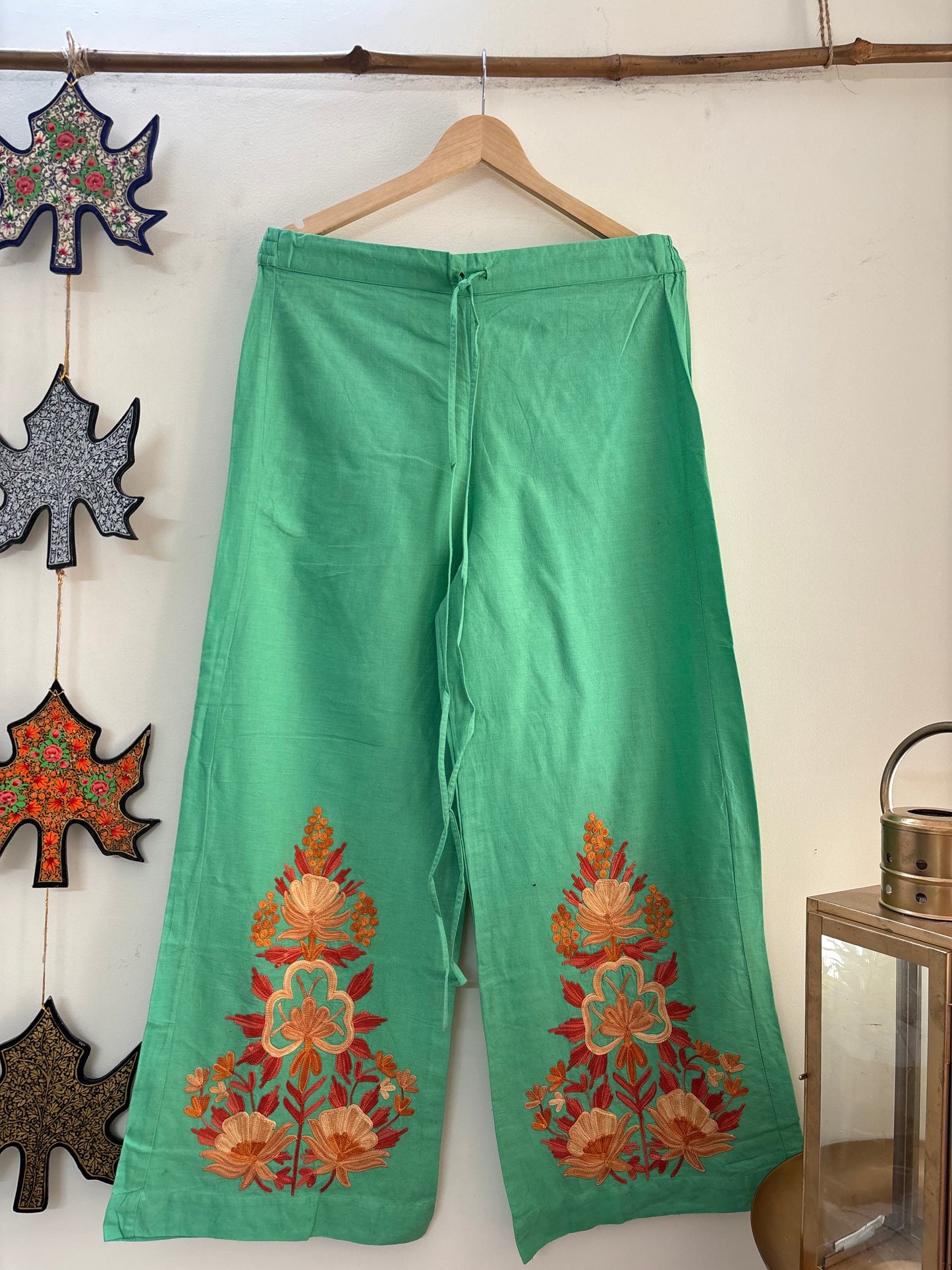 Women Green Solid Cropped Wide Leg Aari Embroidered Palazzos ‘L’