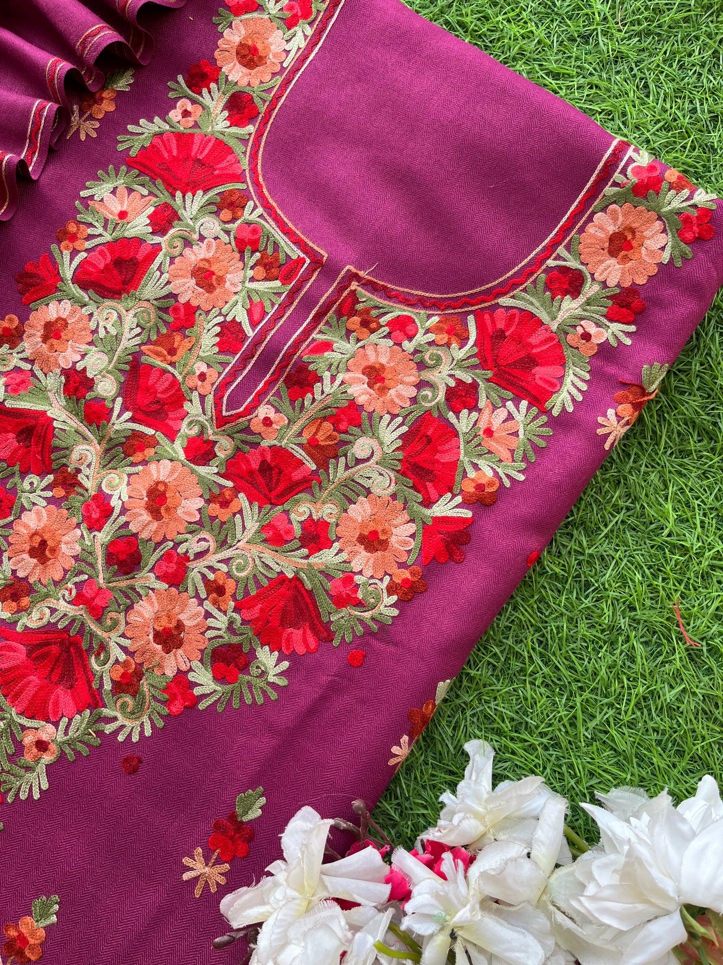 Wine Woollen Aari Embroidered 3pc suit