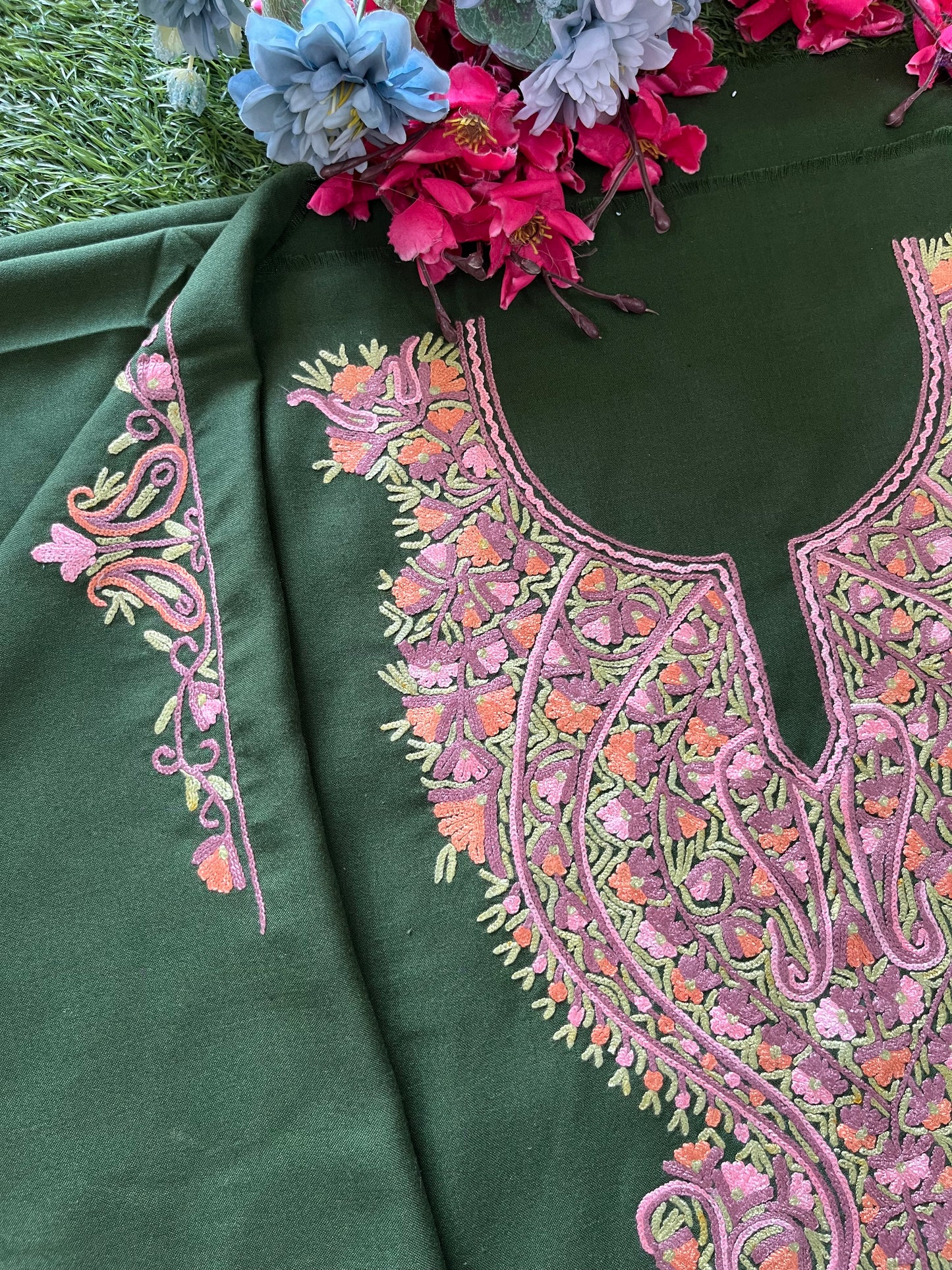 Bottle Green Cotton Two Piece Suit (Hand Embroidered)