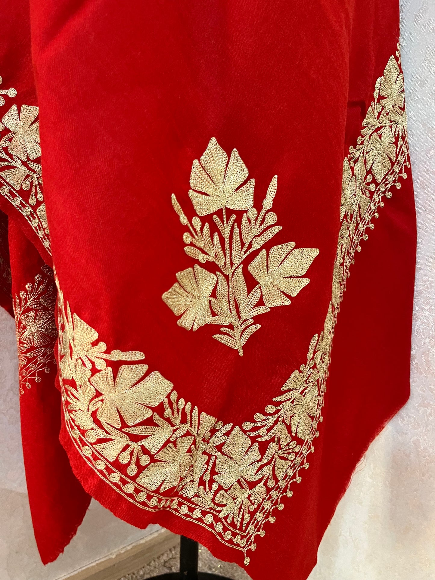 Red Semi Pashmina Tilla Embroidered stole