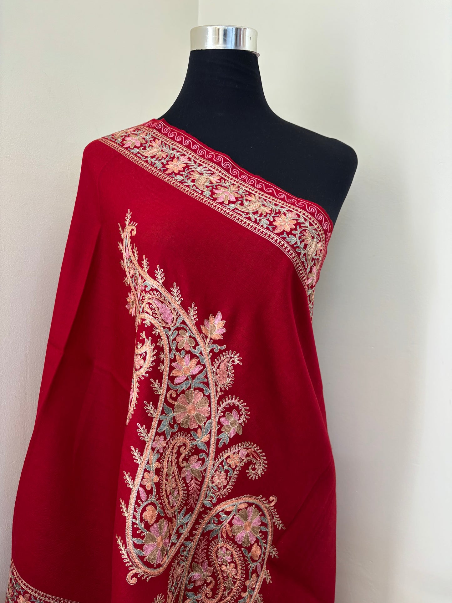 Red Silk Thread Ambi Aangan Embroidered Fine Semi Pashmina stole