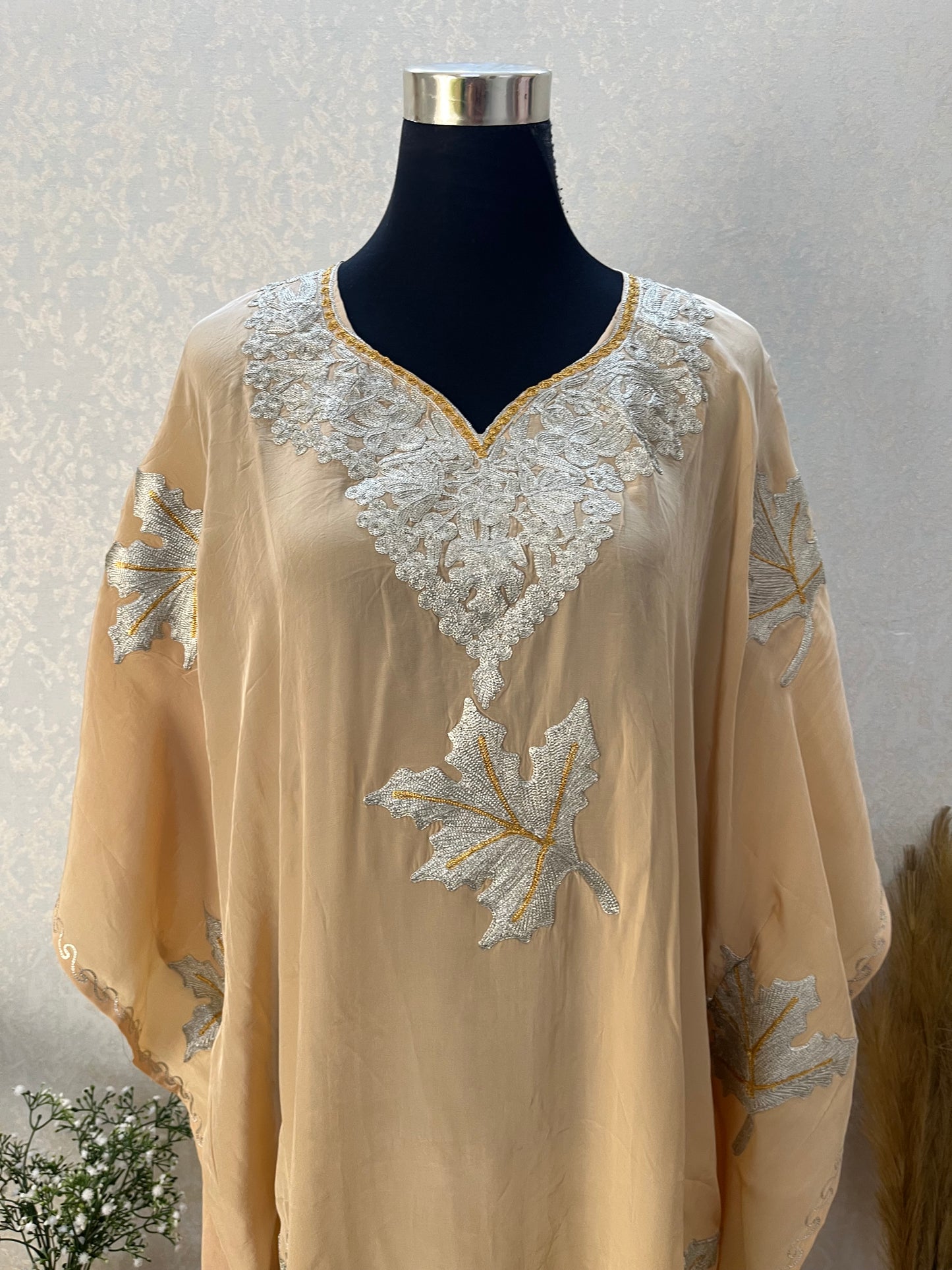 Beige Crape Kashmiri Kaftan Set