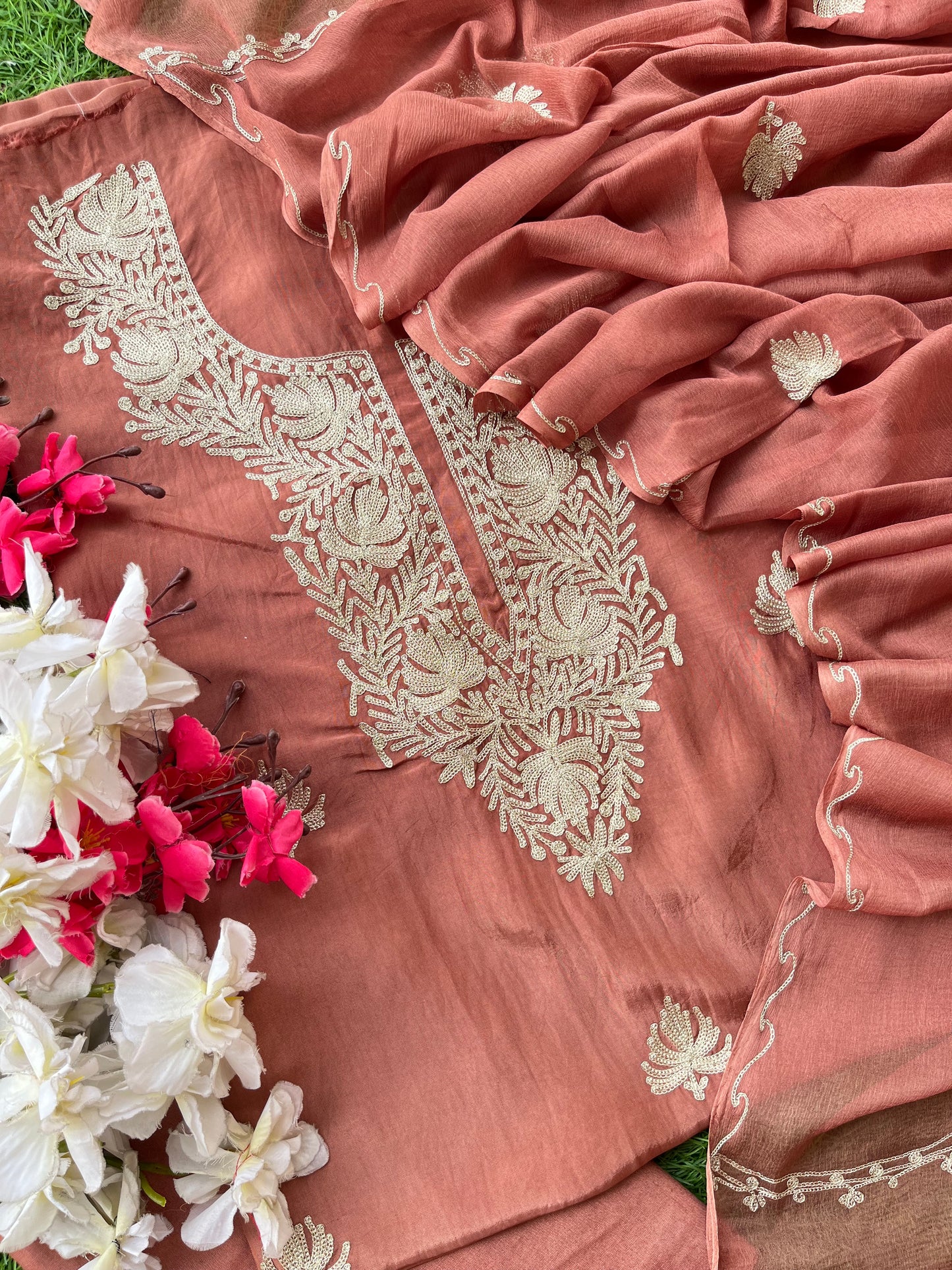 Dull Peach Silk Tilla Kashmiri Suit