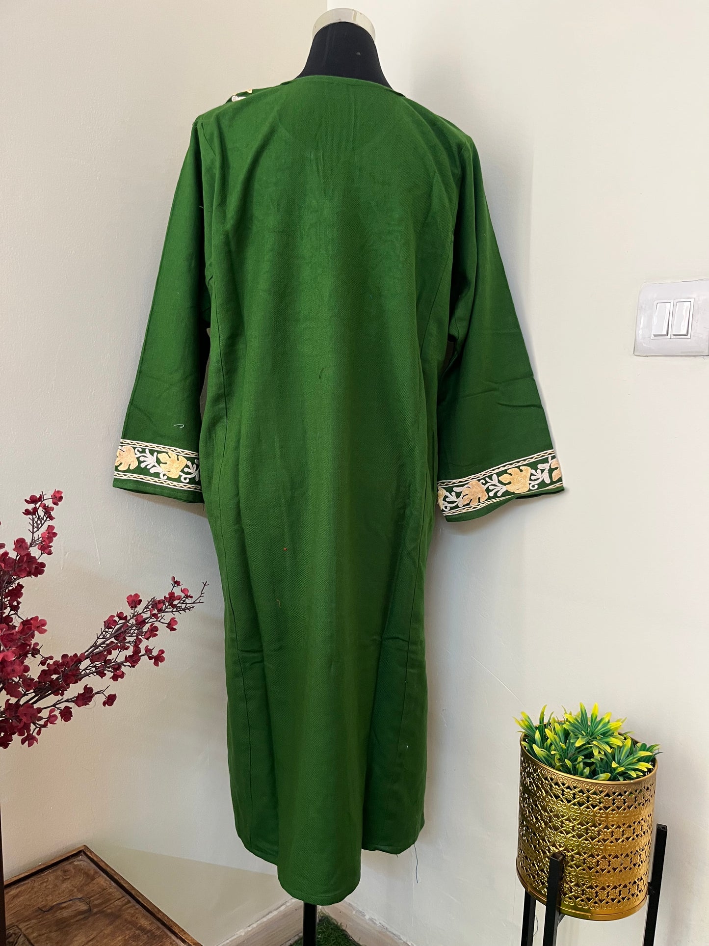 Henna Green Aari Embroidered Wool Pheran