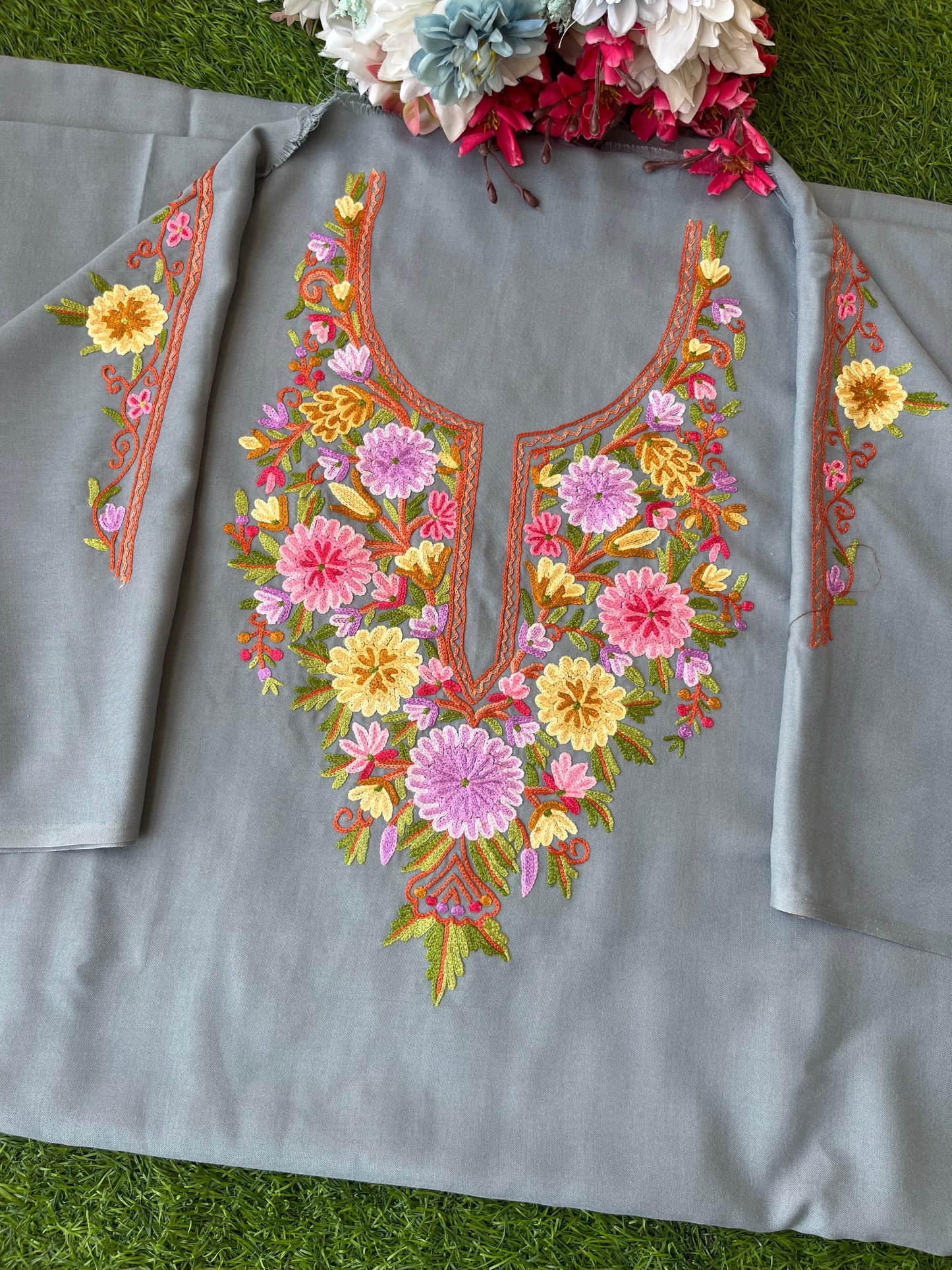 Grey Cotton Two Piece Suit (Hand Embroidered)