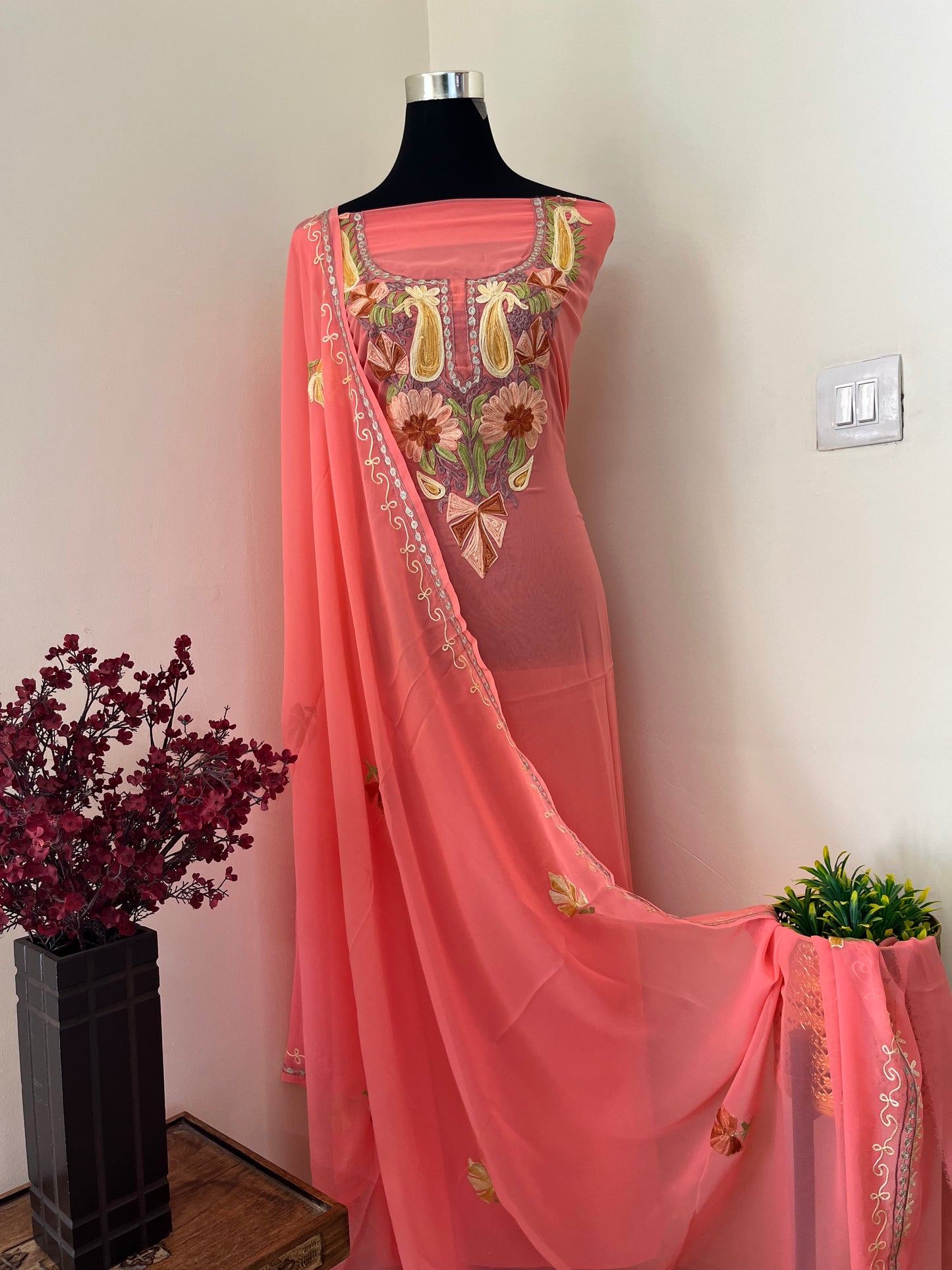 Peach Georgette Shirt and Dupatta Aari Embroidered Suit