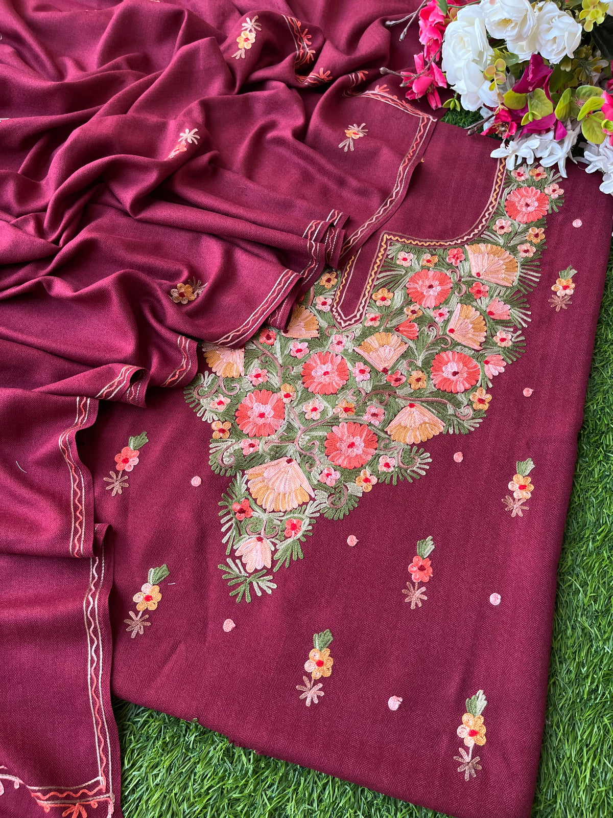 Wine Woollen Aari Embroidered 3pc suit