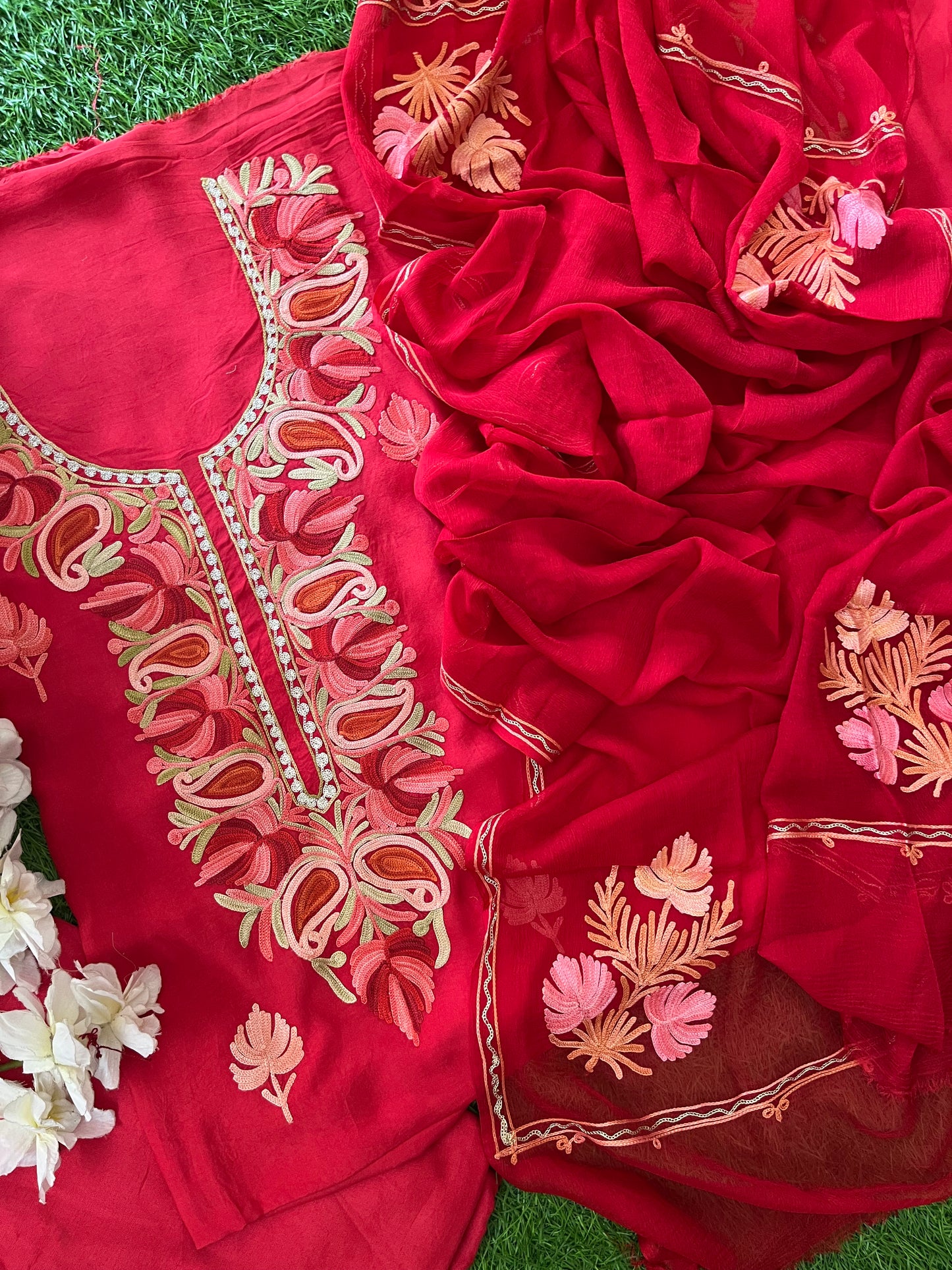 Red Opada Silk Aari Embroidered Suit material